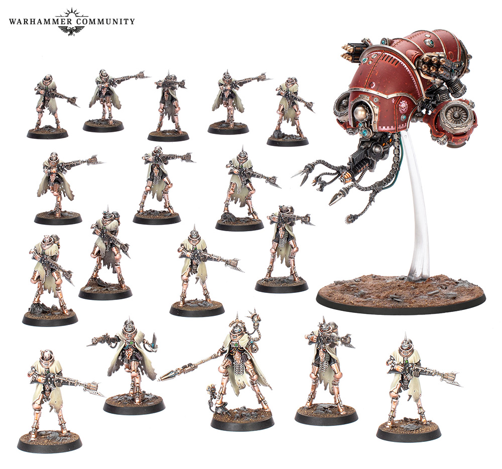 All the 18 miniatures of the Mechanicum Skitarii Battle Group box, painted by the Eavy Metal team, arranged on a white background