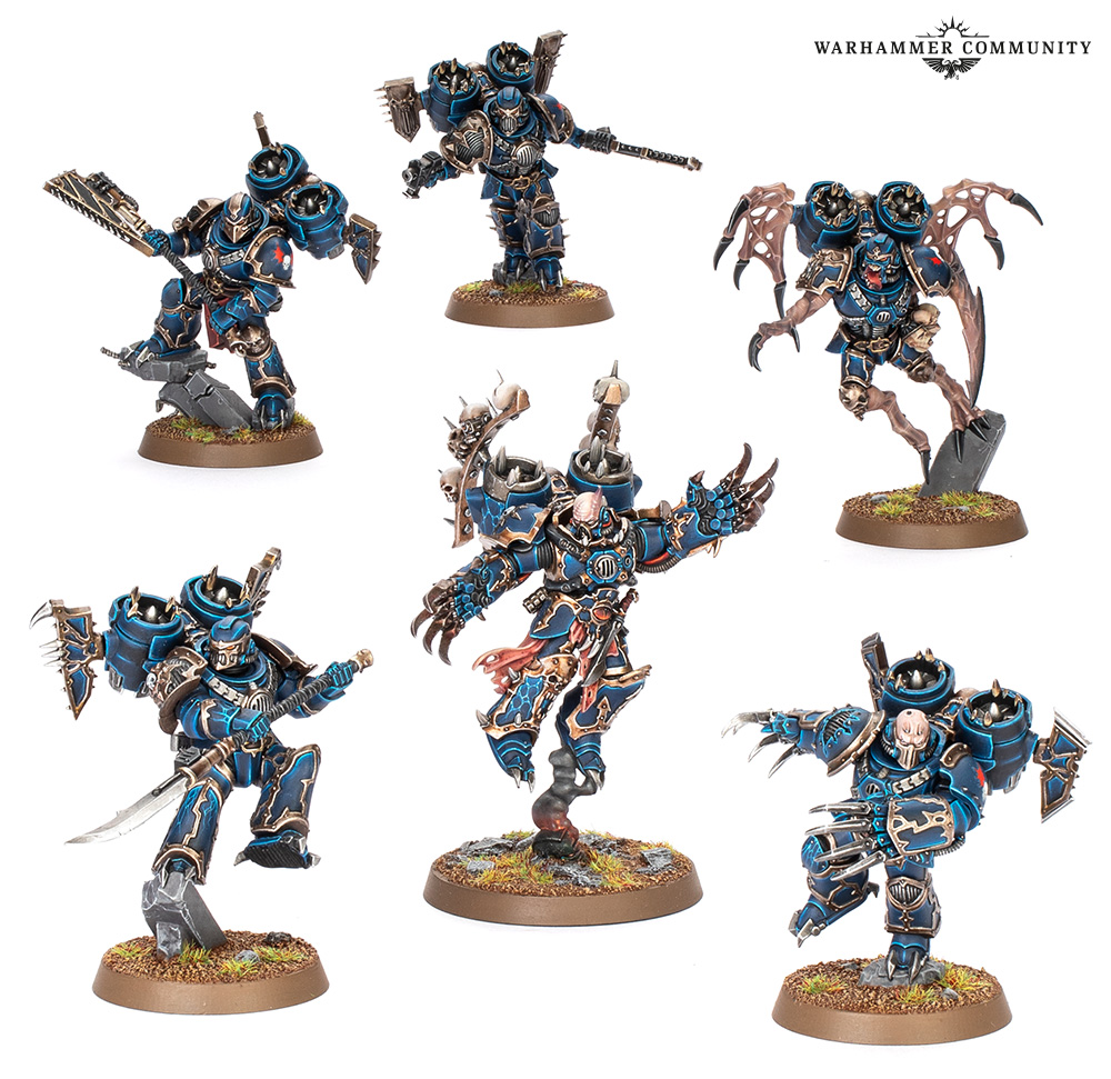 All six models of the Chaos Space Marines Murderwing Kill Team painted as Night Lords by the Eavy Metal team, on white