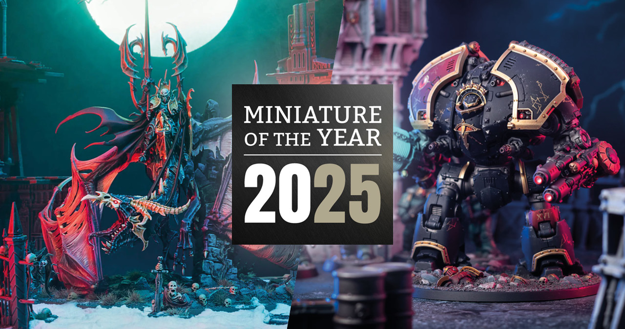 Banner graphic for the Warhammer miniatures of the year 2025, painted by Tale of Painters, with a cinematic shot of Prince Vhordrai and Saturnine Dreadnought