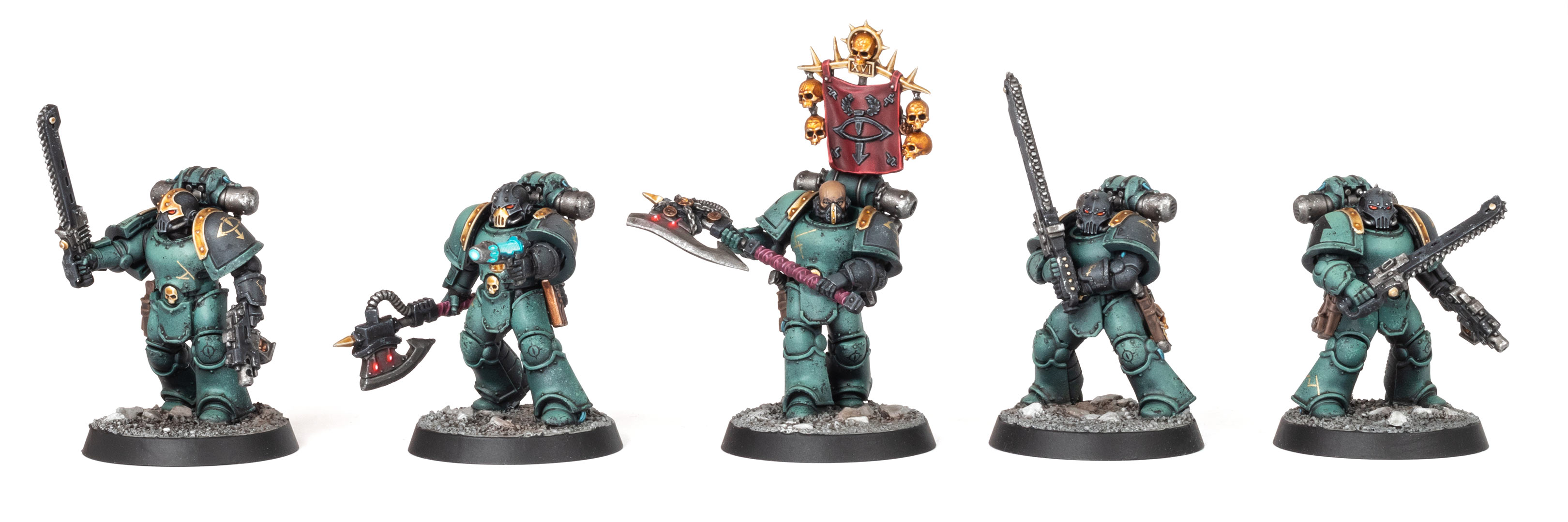 Five Sons of Horus Despoiler models with various melee weapons, painted by Stahly, in front of a clean white background
