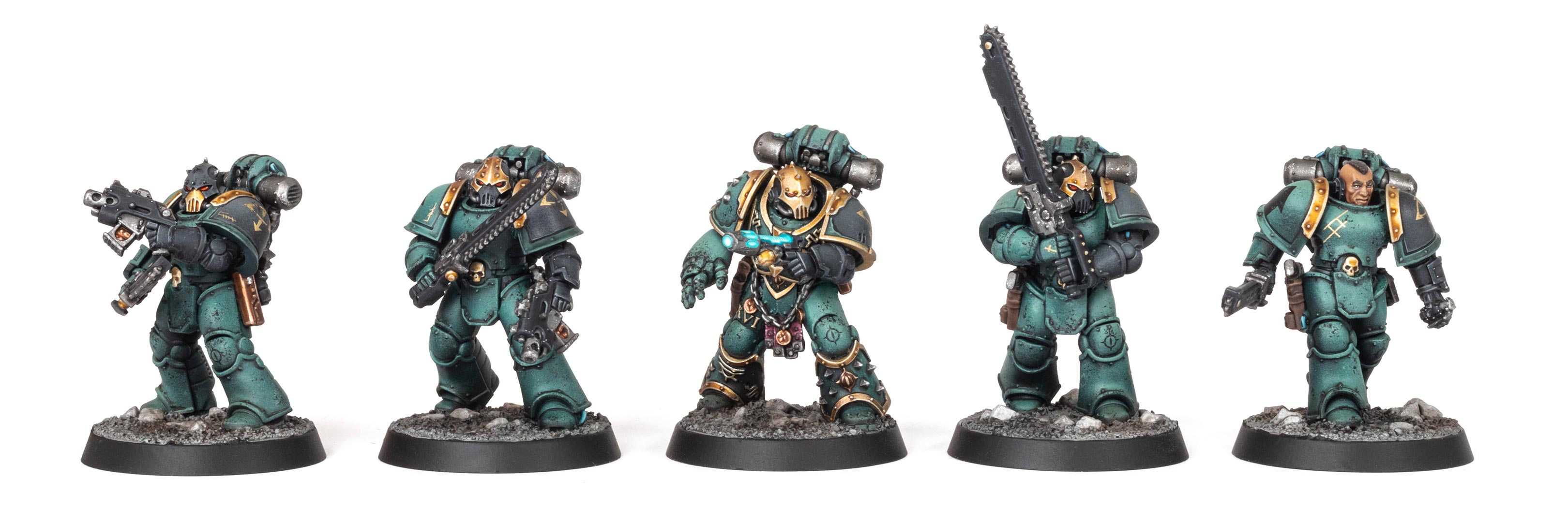 Five Sons of Horus Despoiler models with various melee weapons inc. a Sergeant in artificer armour, painted by Stahly, in front of a clean white background