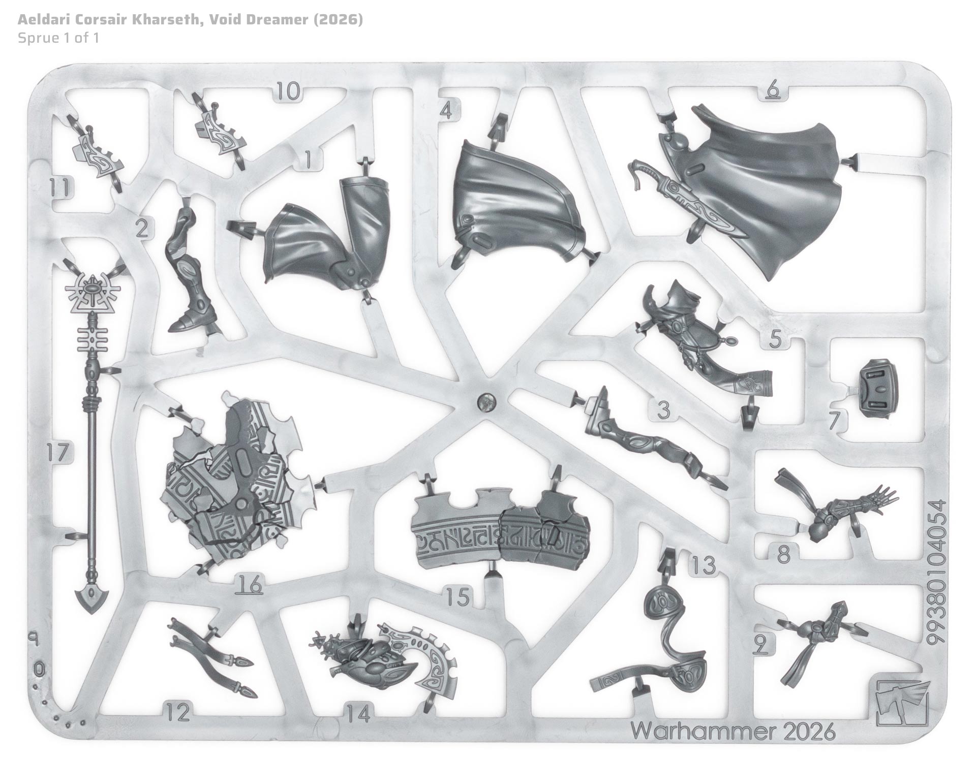 Aeldari Corsairs Void Dreamer Kharseth plastic model sprue, on white background