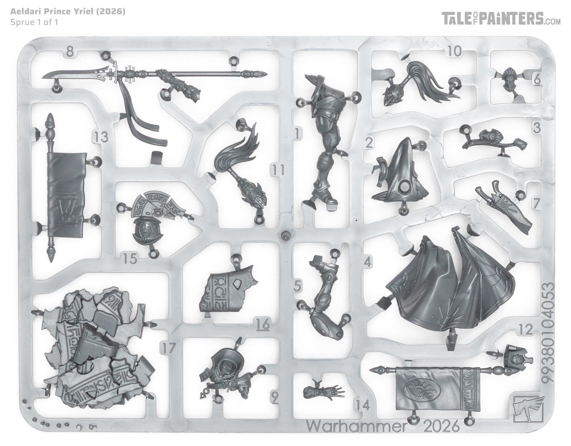Aeldari Prince Yriel plastic model sprue, on white background