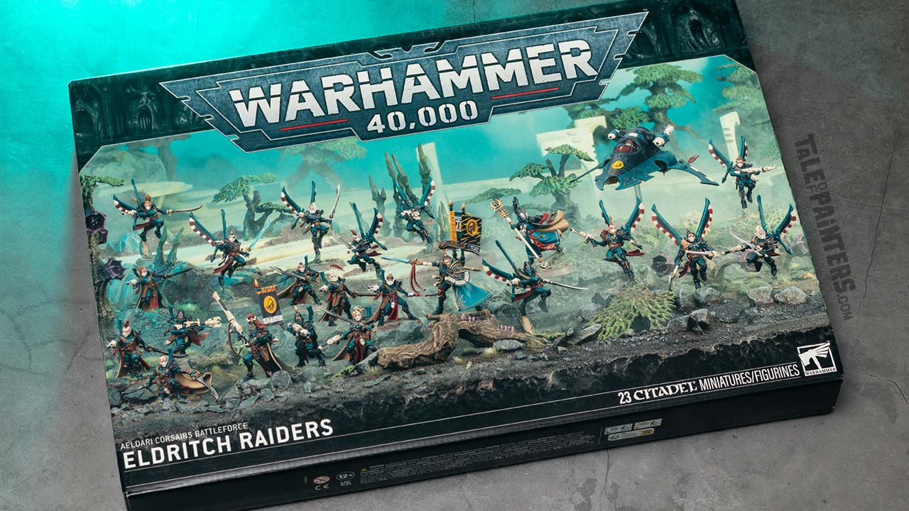 Aeldari Corsairs Eldritch Raiders battleforce box arranged on a concrete background, lit with teal light, photographed for a review and unboxing