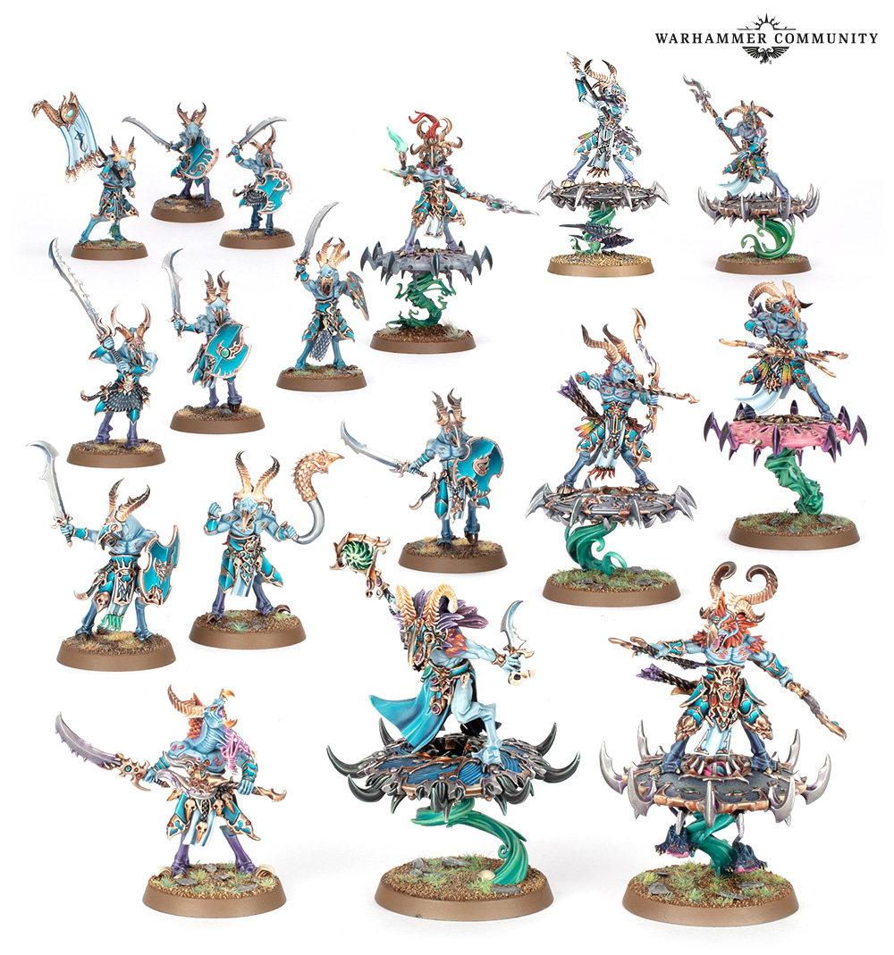 Spearhead: Tzaangor Warflock promo shot with all contents arranged on a white background