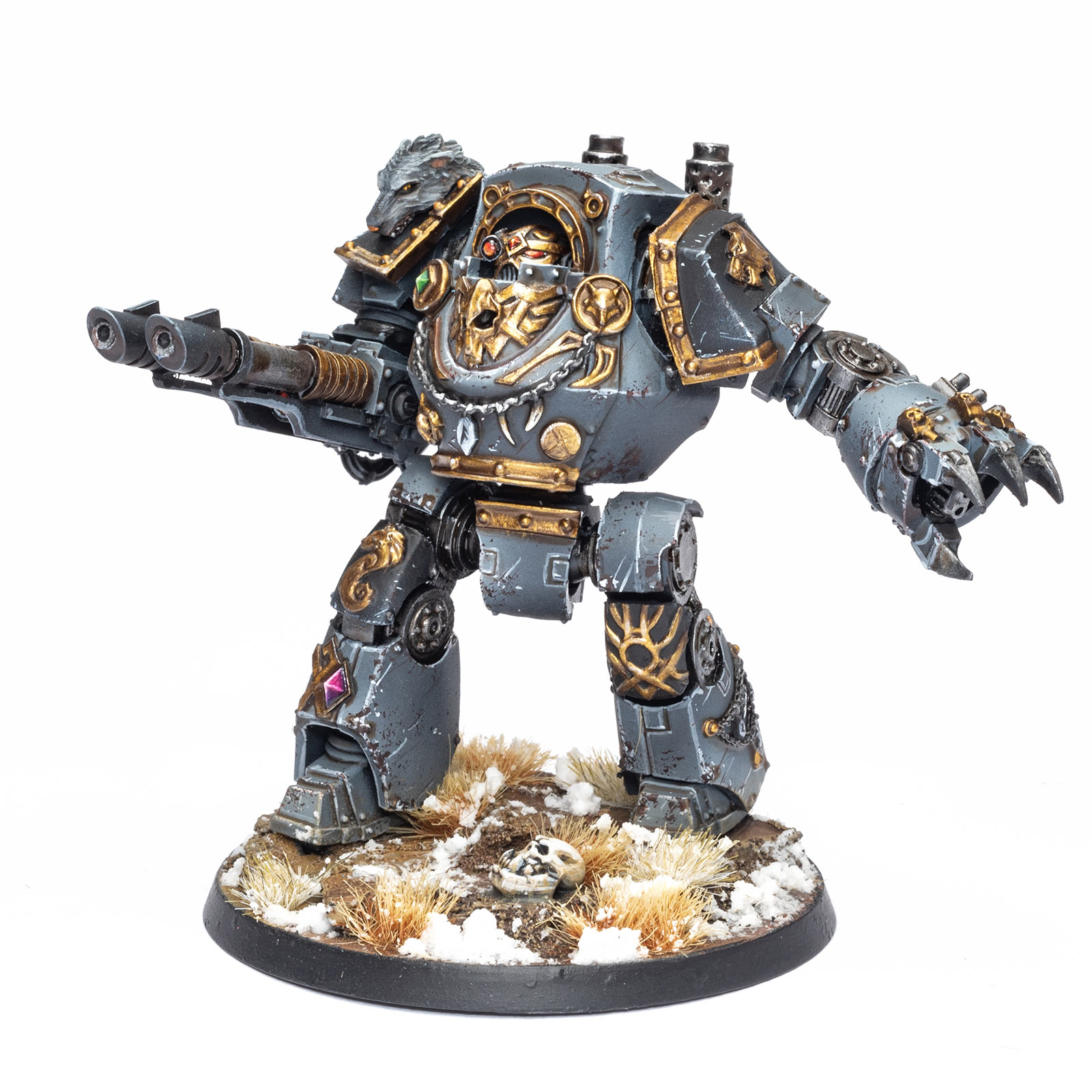 Space Wolves Contemptor Dreadnought with twin-lascannons, painted by Dunk, white background