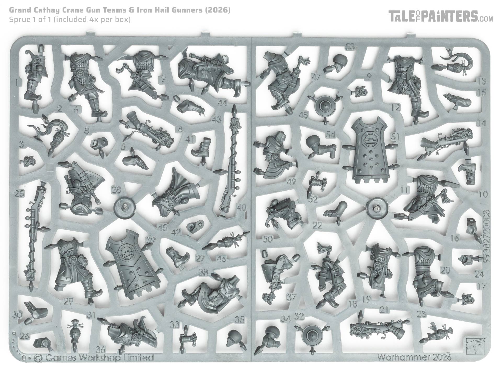 Grand Cathay Crane Gun Teams and Iron Hail Gunners model kit sprue, on white background