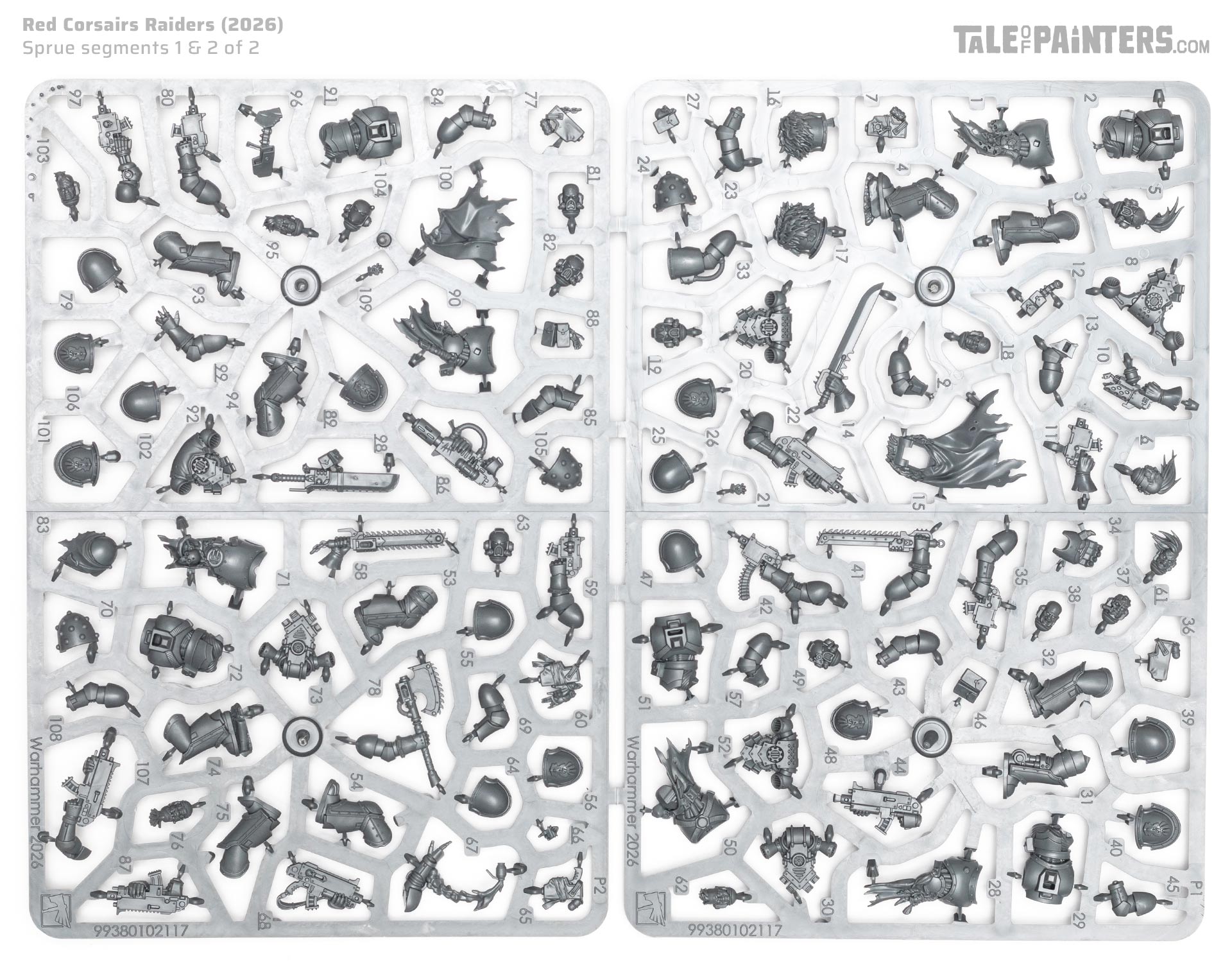 Red Corsairs Raiders plastic model sprues, on white background