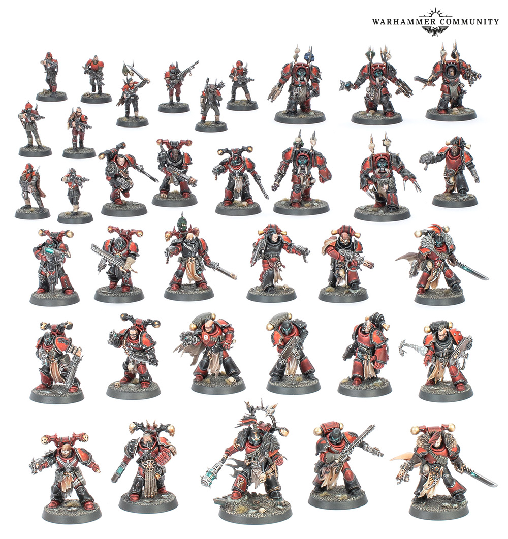 Lords of the Maelstrom Red Corsairs battleforce promo shot with all models arranged on a white background
