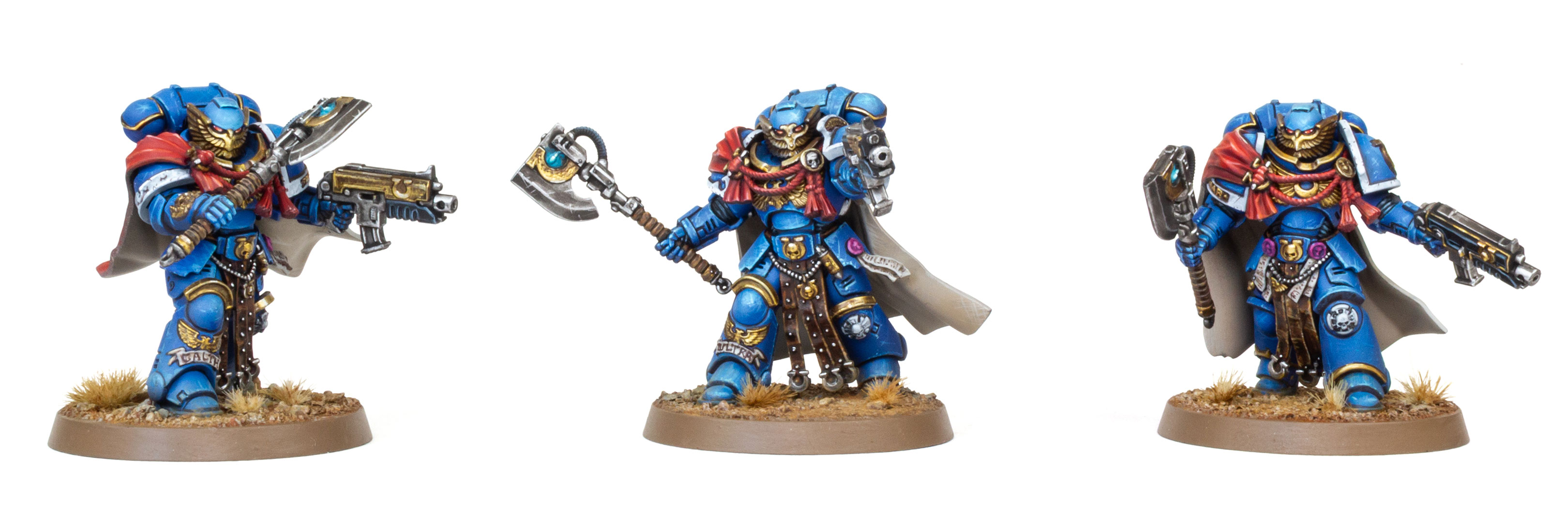 3 Ultramarines Victrix Guard, painted by Dunk, on a white background