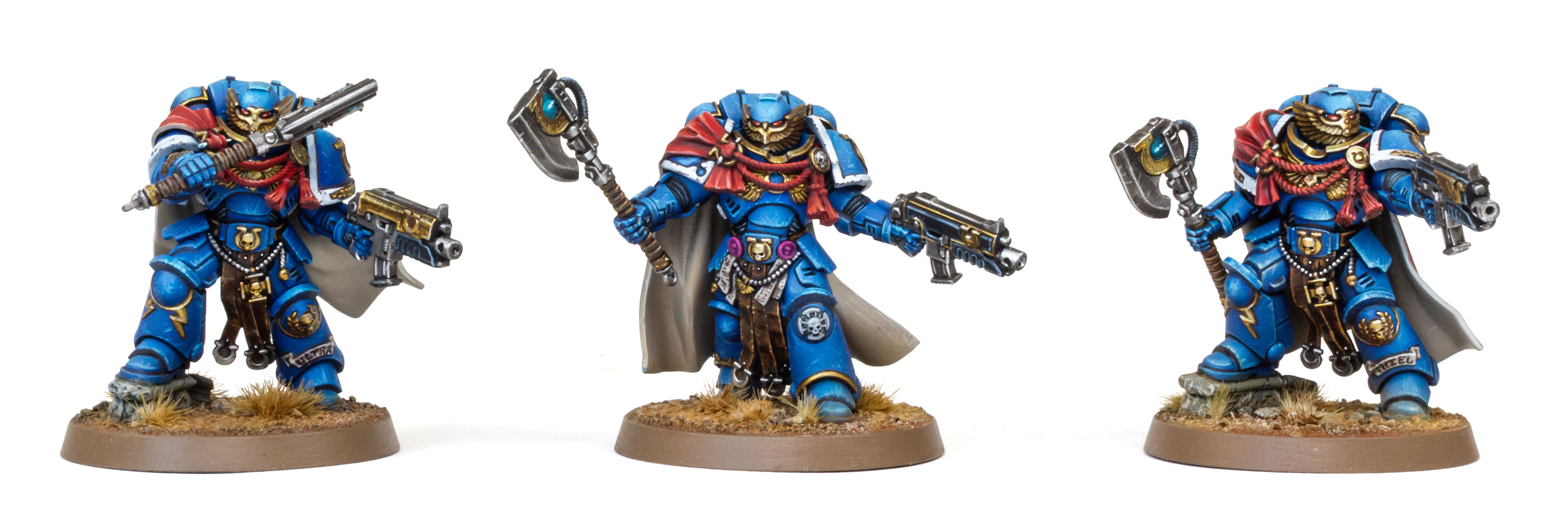 3 Ultramarines Victrix Guard, painted by Dunk, on a white background