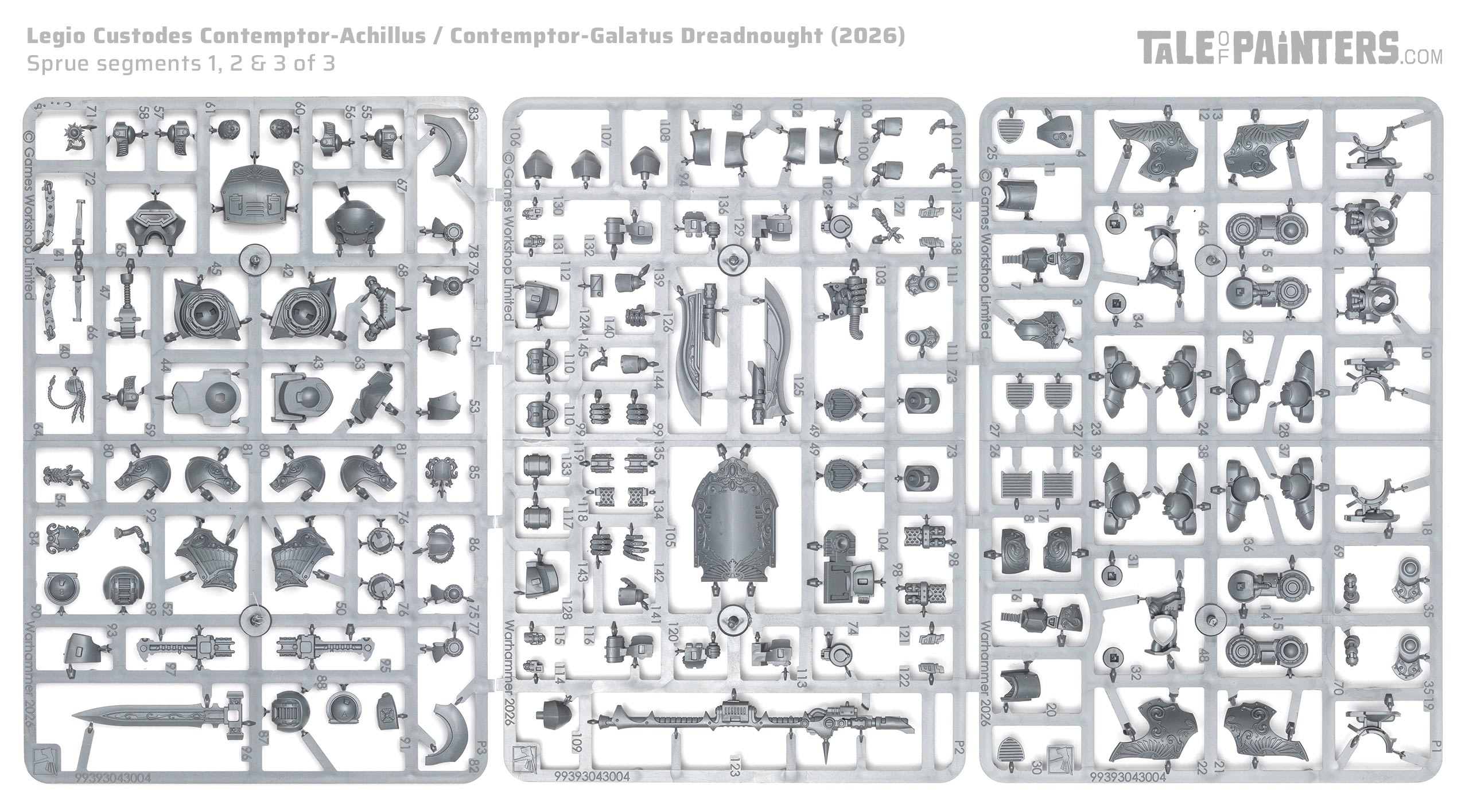 Legio Custodes Contemptor-Achillus & Contemptor-Galatus Dreadnought sprues, on white background