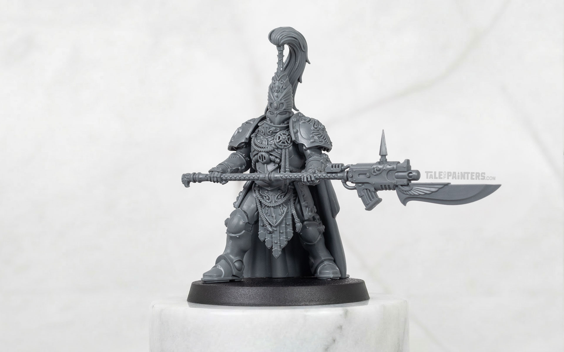 Stylised shot of a 2026 Custodes Custodian Guard model, unpainted, on a white marble plinth in front of a white marble background