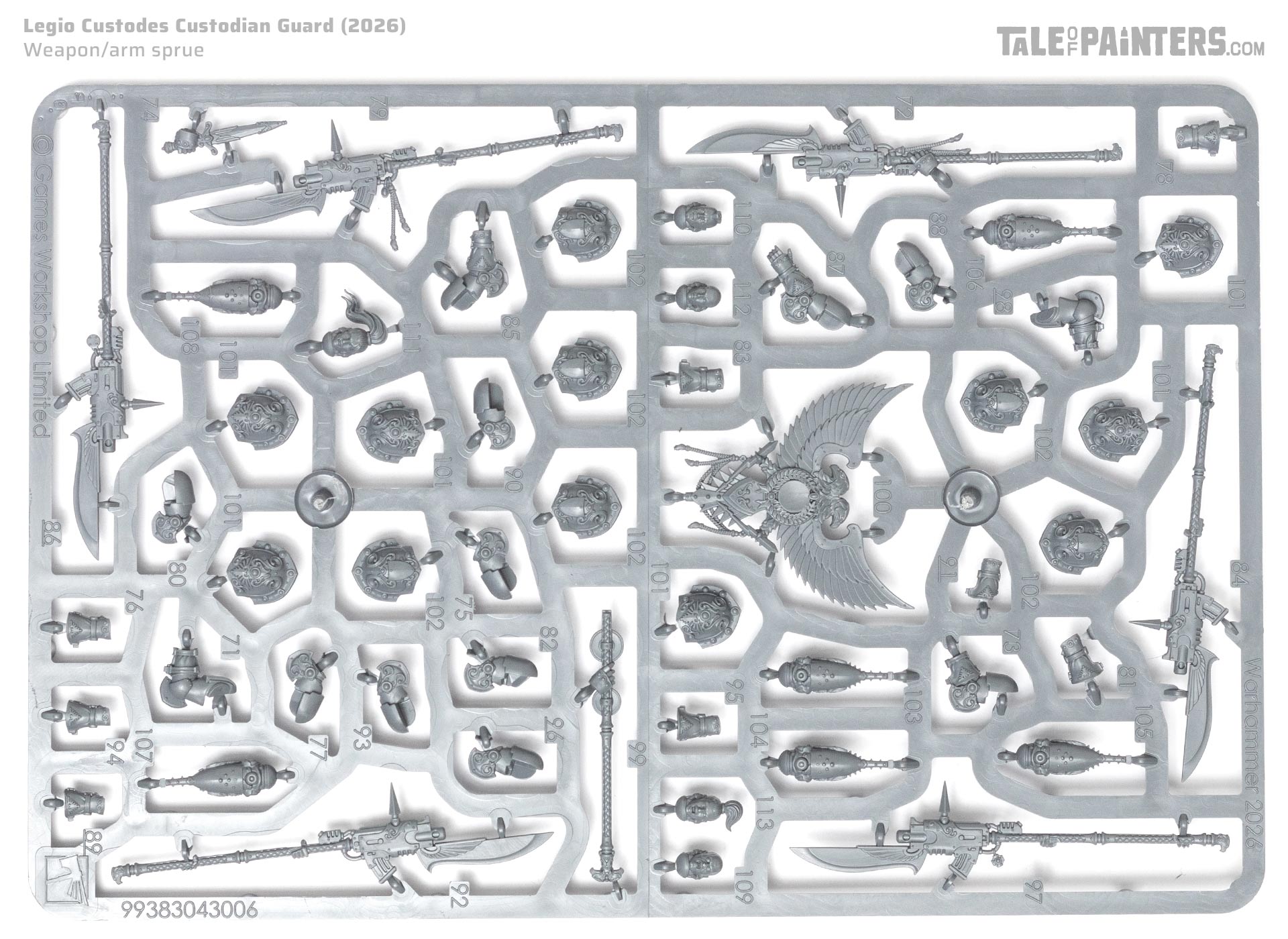 Legio Custodes Custodian Guard weapons and arms sprue, on white background
