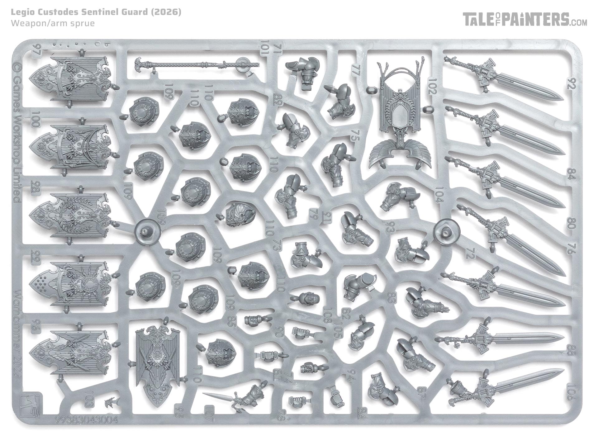 Legio Custodes Sentinel Guard weapons and arms sprue, on white background