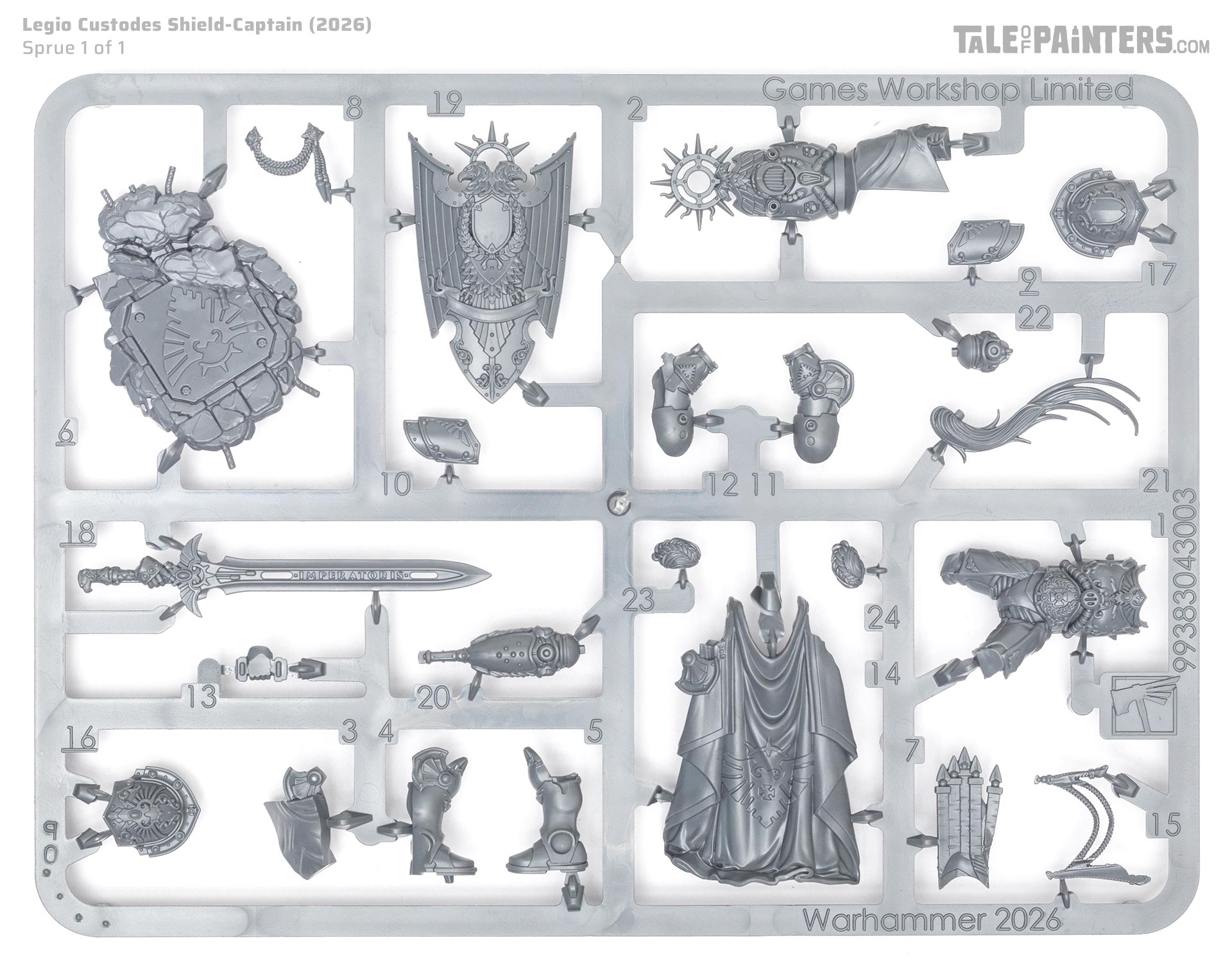 Legio Custodes Shield-Captain plastic model sprue, on white background