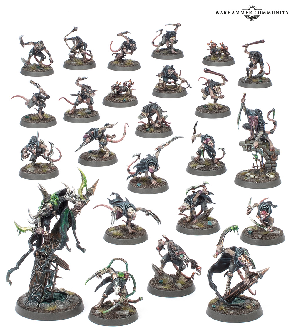 City of Ash Skaven Spearhead promo shot with all 22 models arranged on a white background