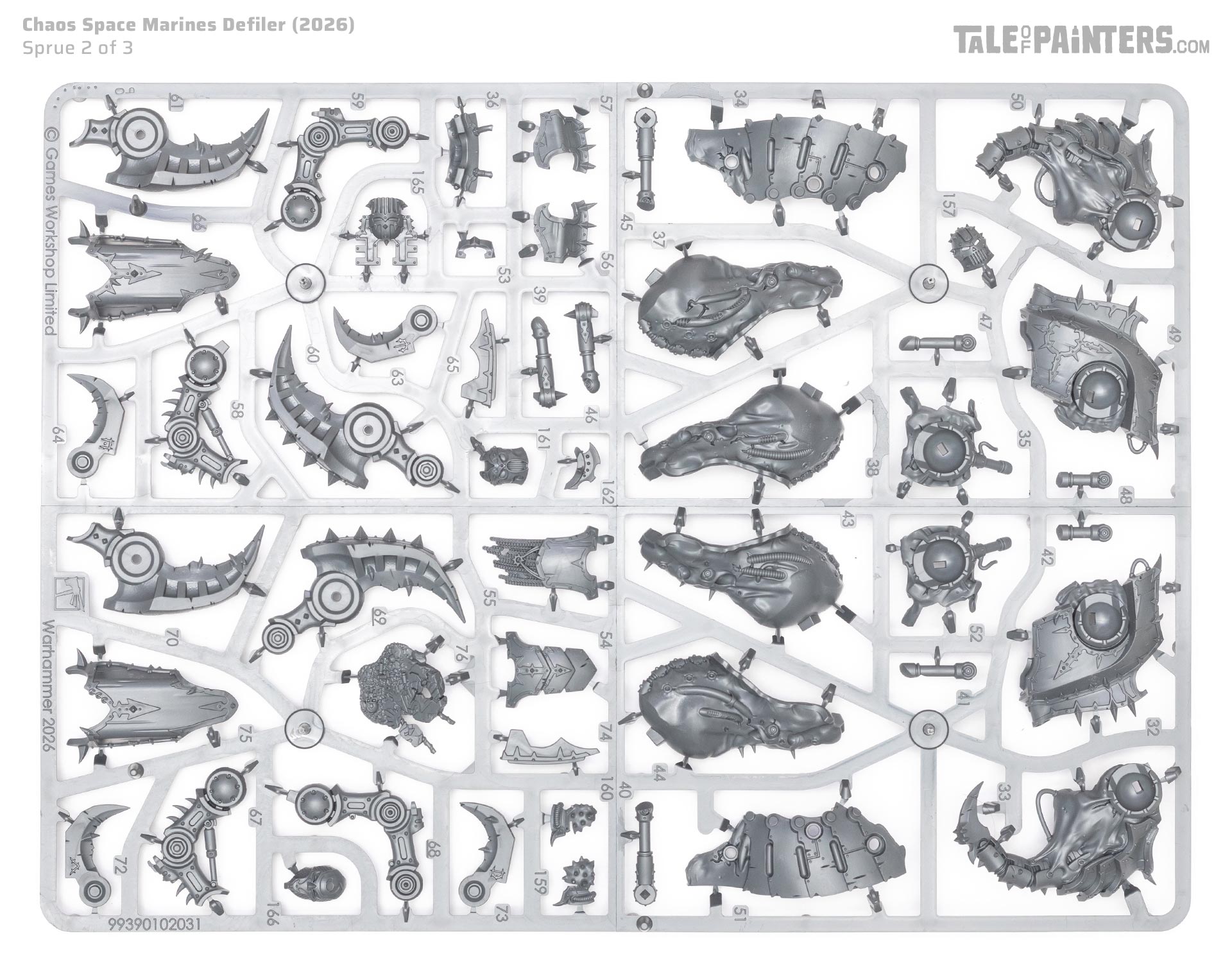 Chaos Space Marines Defiler plastic model sprue 2 of 3, on white background