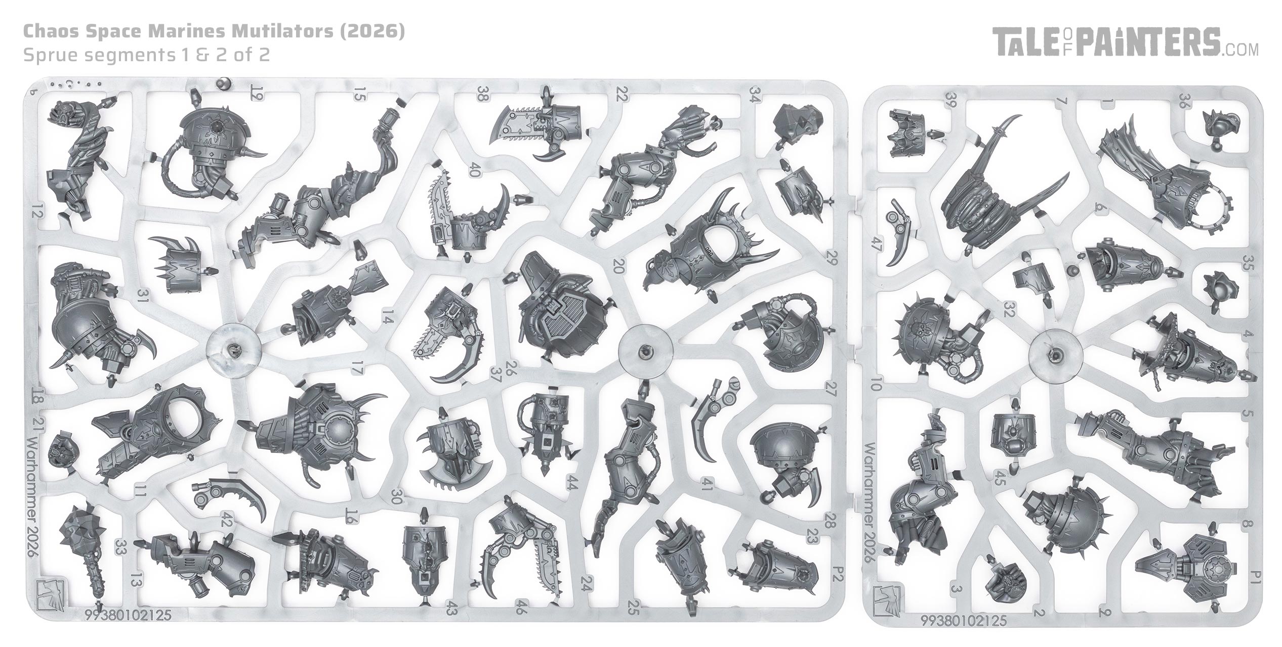 Chaos Space Marines Mutilators plastic model sprues, on white background