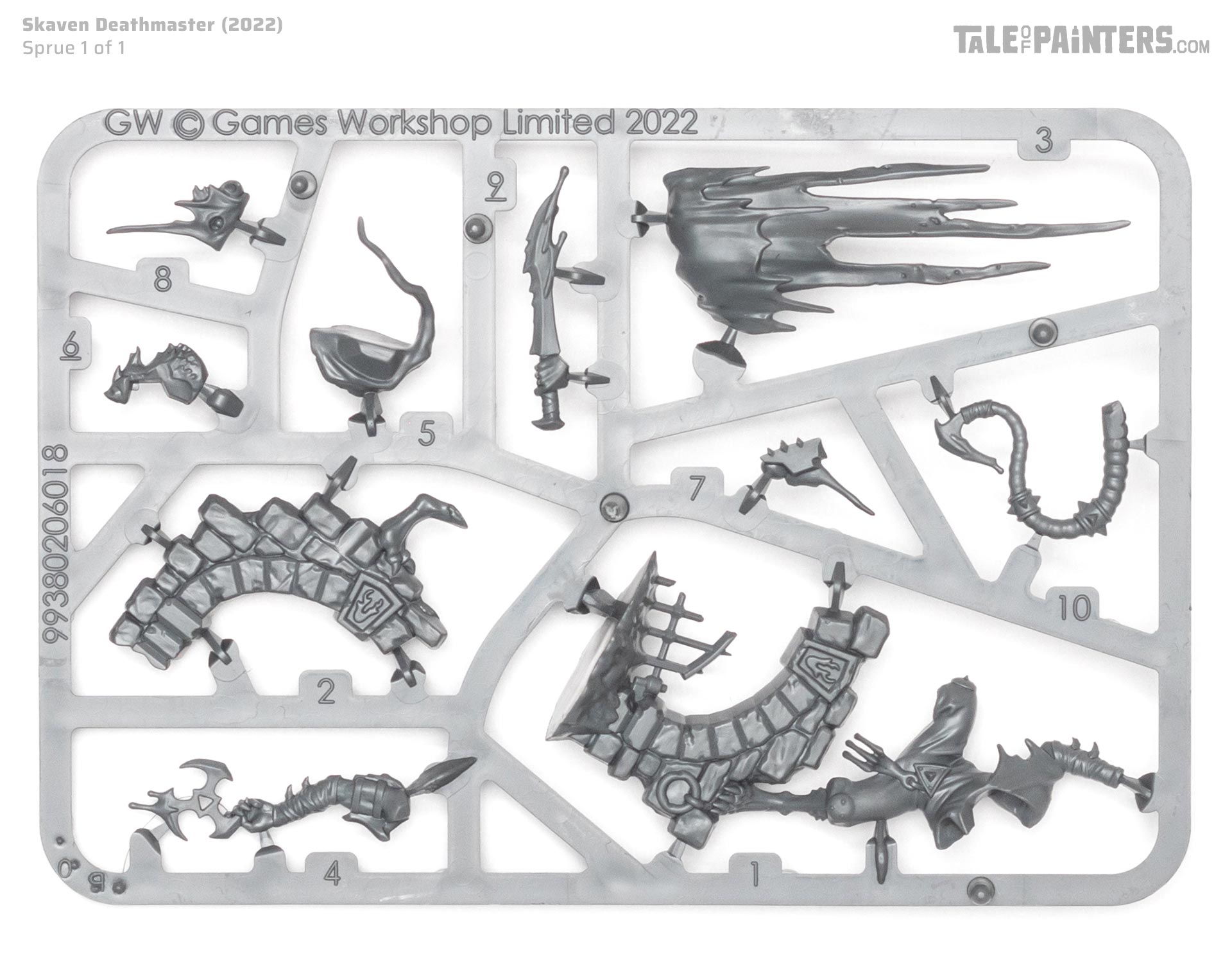 Skaven Deathmaster sprue on white background, a miniature kit for the Skaven faction from Warhammer Age of Sigmar