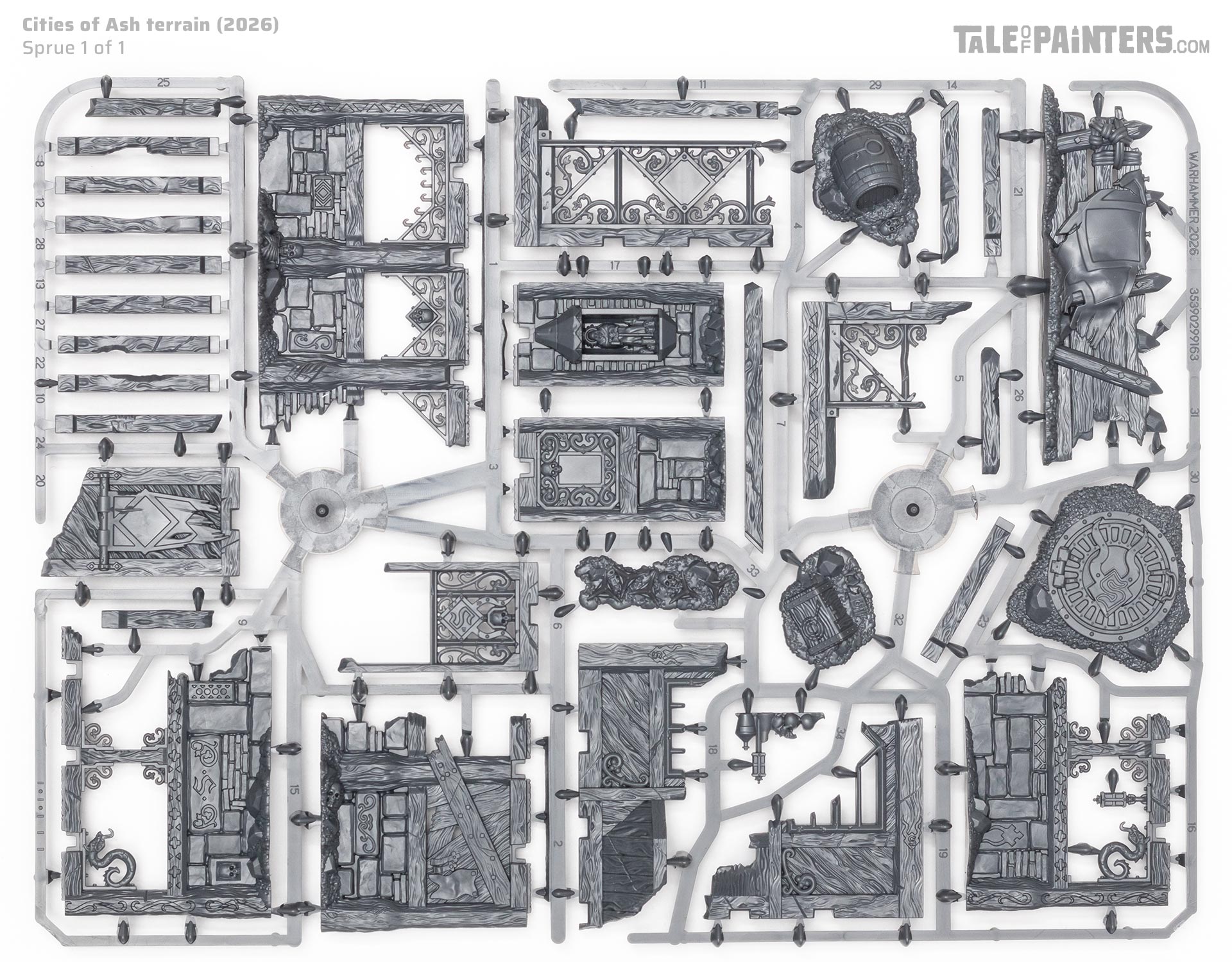 Cities of Ash Spearhead terrain sprue on white background, a miniature kit for Warhammer Age of Sigmar