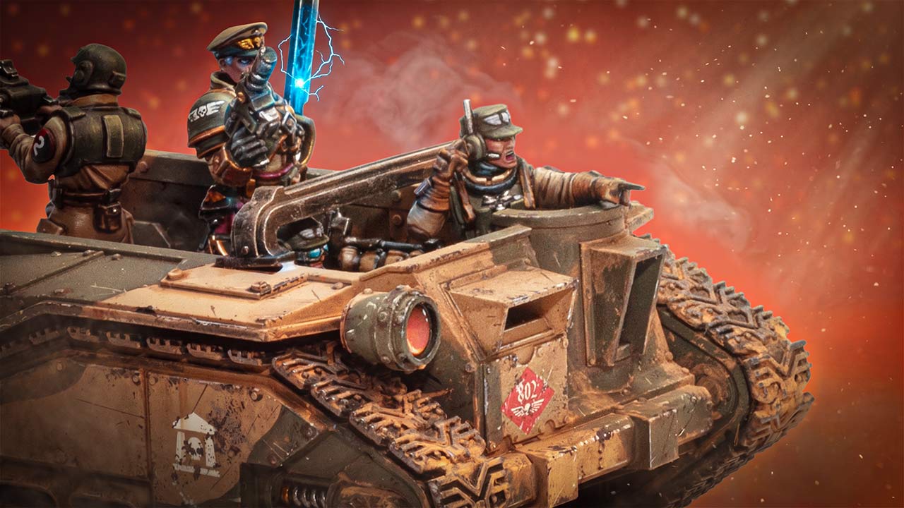 Cinematic edit of a close-up of a kitbashed Cadian Shock Troops scout tank, manned with multiple crew members and a commander with a power sword sizzling with energy