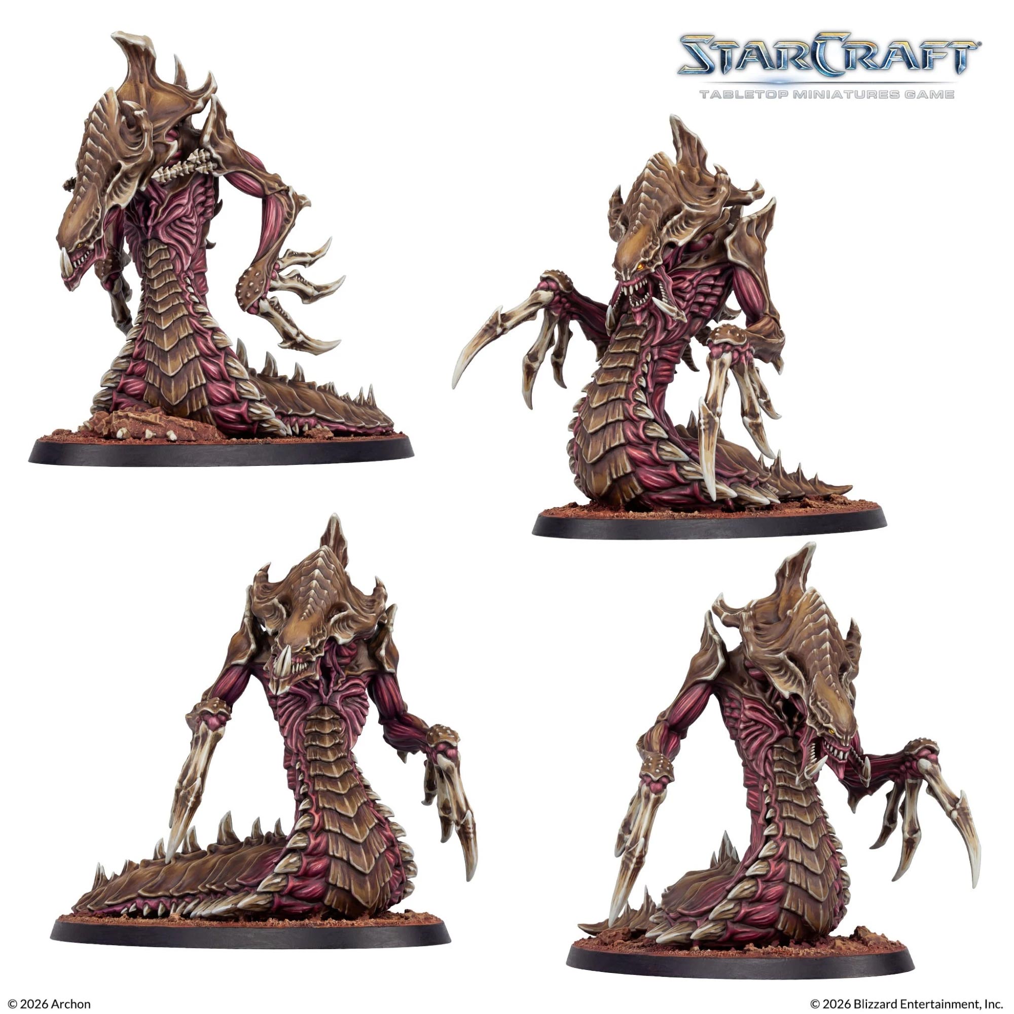 Promo shot of four painted Zerg Hydralisk miniatures on white background