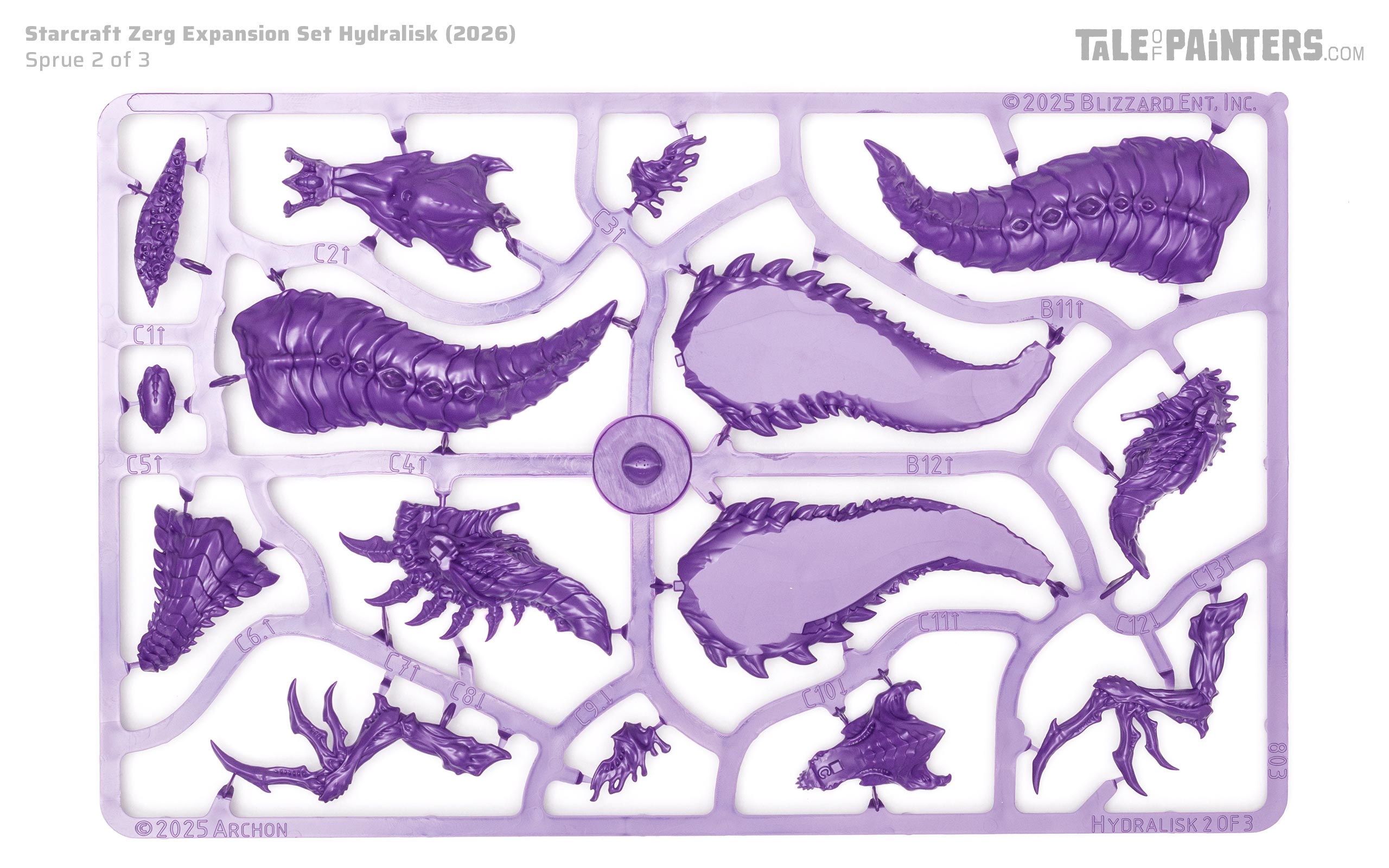 Purple Hydralisk sprue 2 of 3, photographed on a white background, from the Starcraft Tabletop Miniatures Game