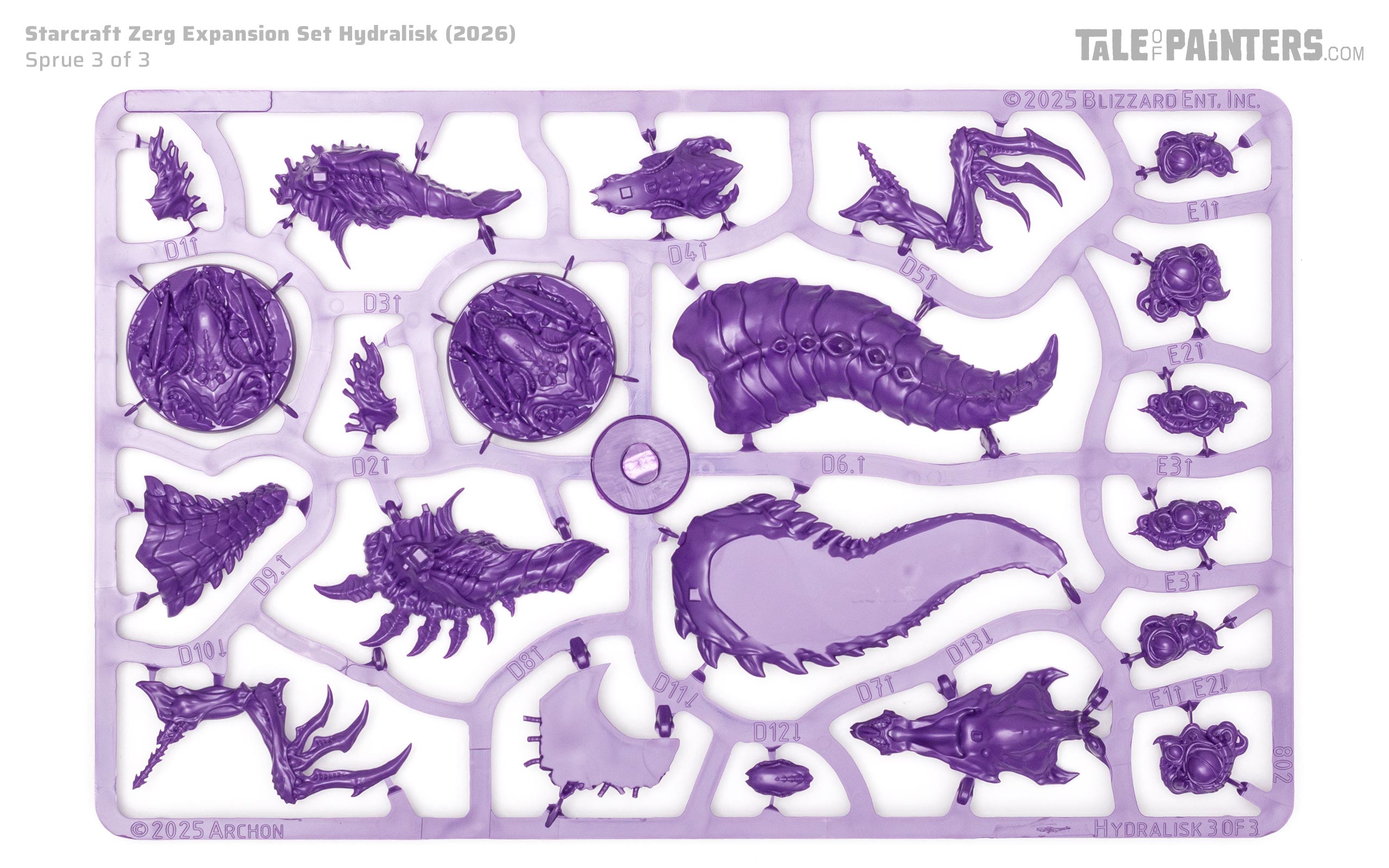Purple Hydralisk sprue 1 of 3, photographed on a white background, from the Starcraft Tabletop Miniatures Game