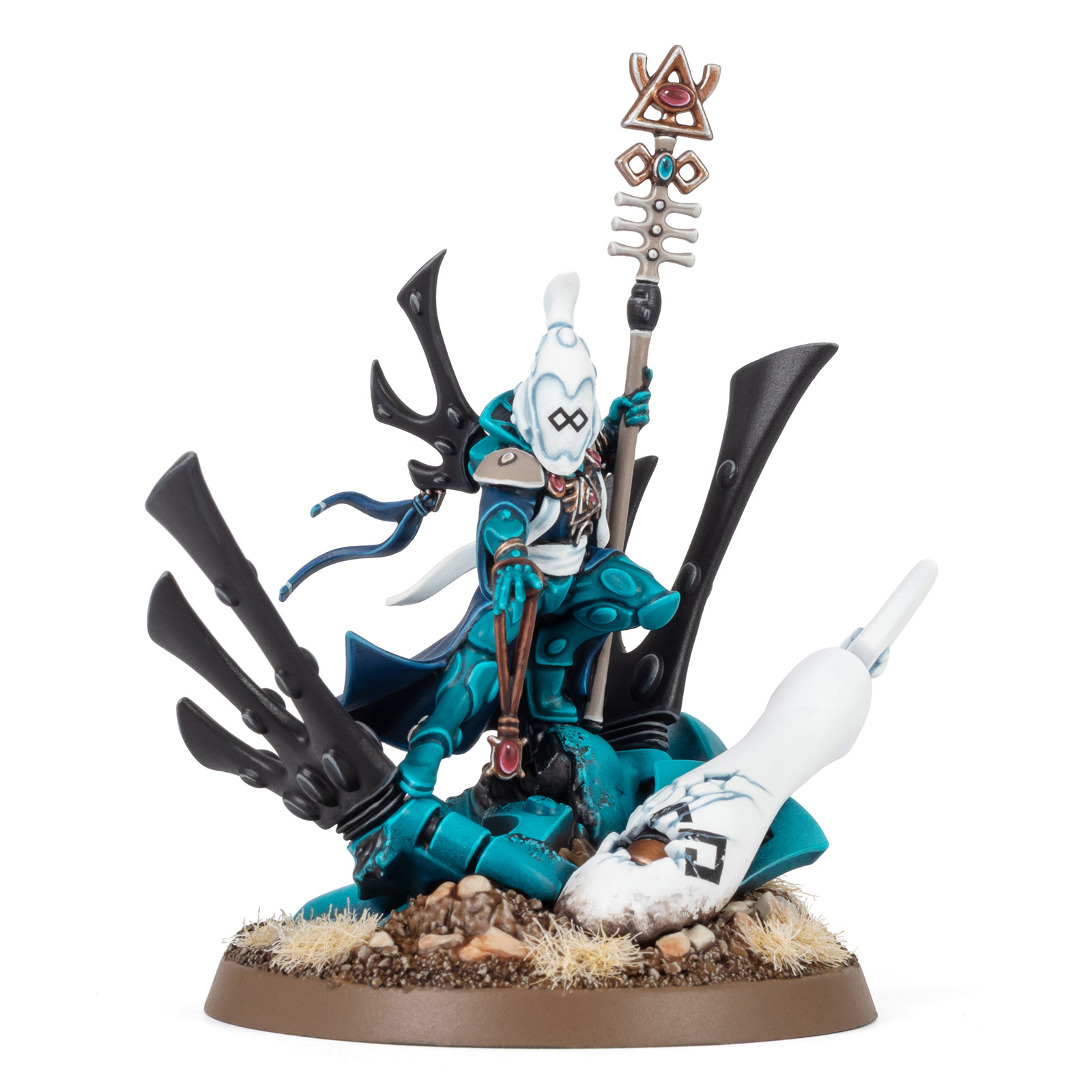Aeldari Infinity's Lament Spiritseer diorama, painted in the turquoise and white of Craftworld Iybraesil by Stahly, on white background