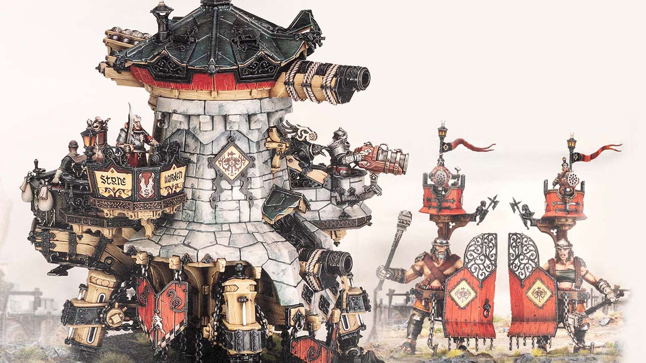 Composing of a Cities of Sigmar Cannonade Cogfort and Gate Gargants on a hazy white background