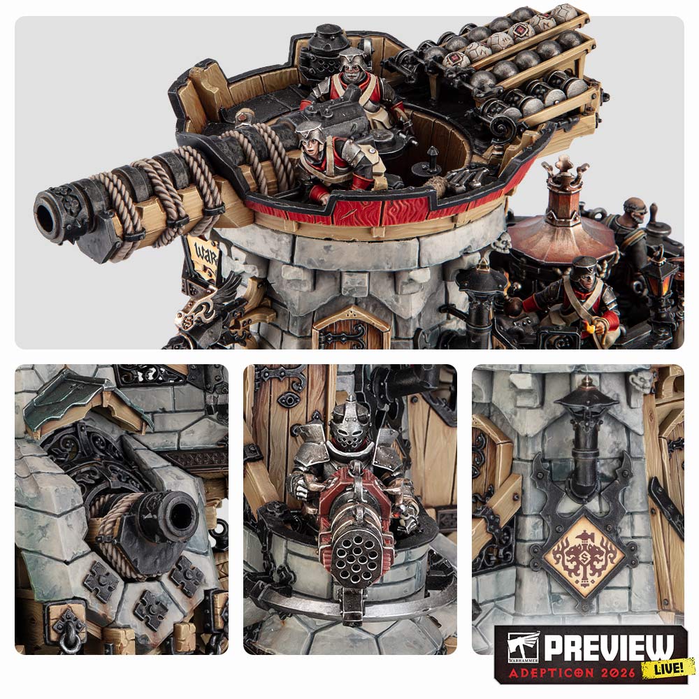 A montage of four close-ups of an 'Eavy Metal painted Cannonade Cogfort model