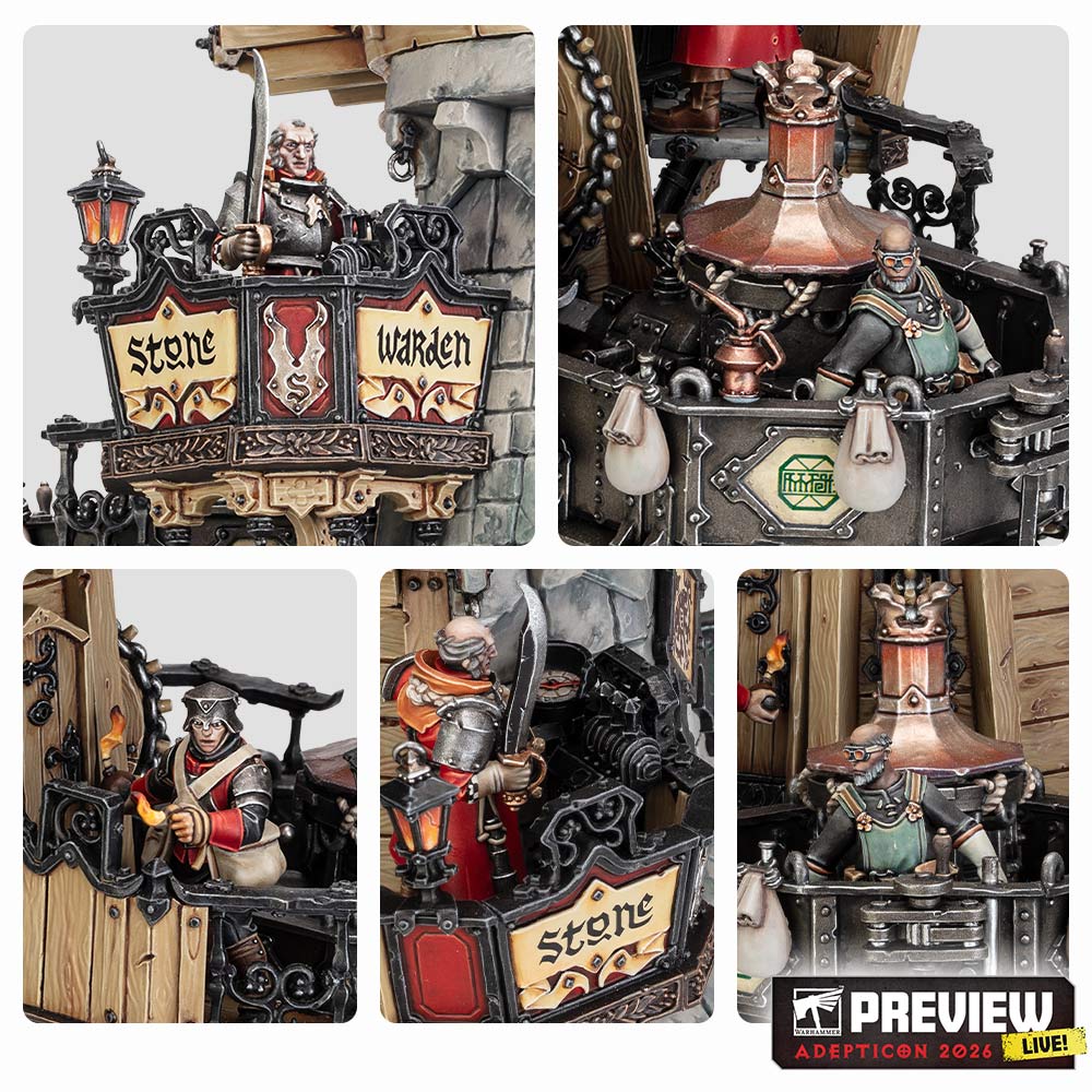 A montage of five close-ups of an 'Eavy Metal painted Cannonade Cogfort model