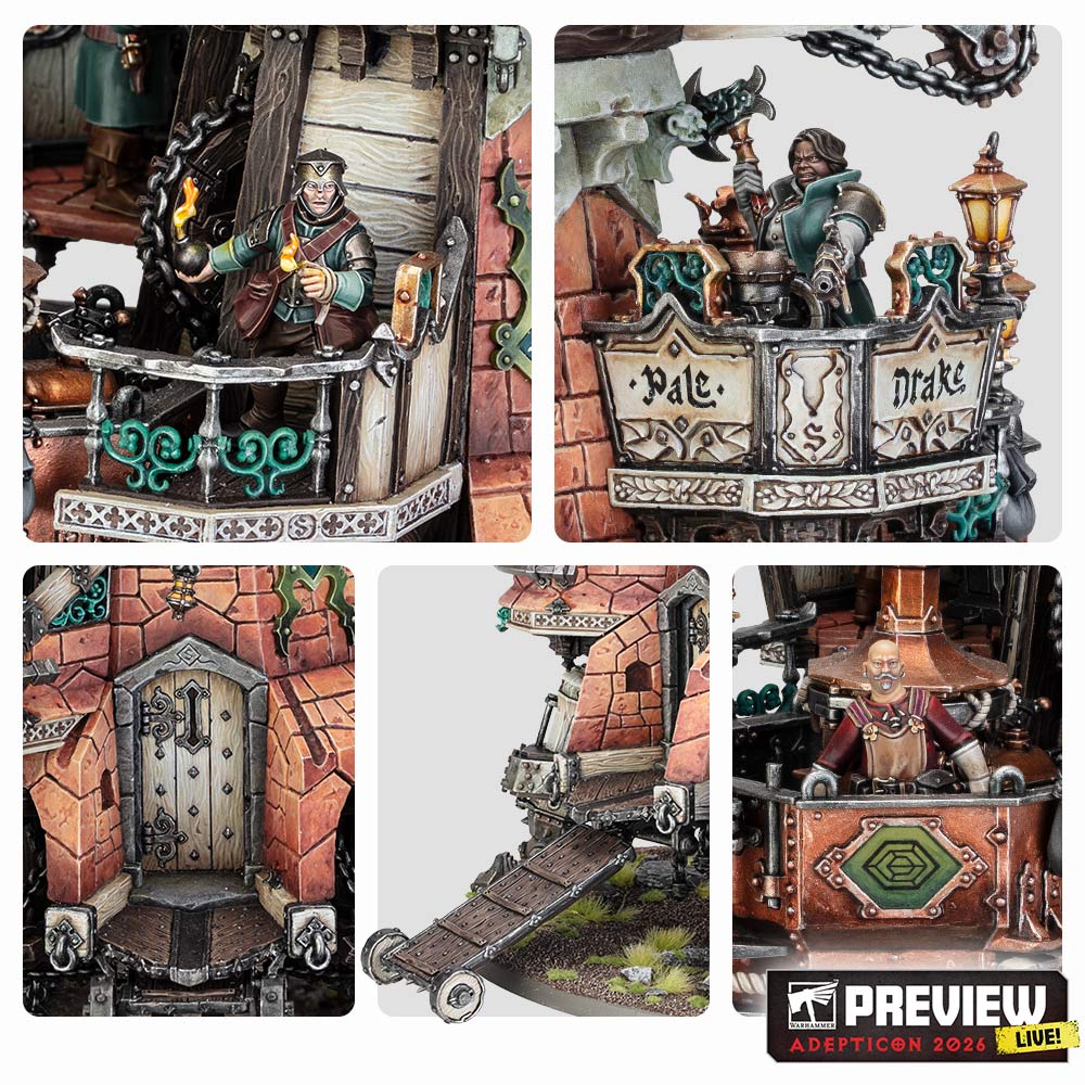 A montage of five close-ups of an 'Eavy Metal painted Conqueror Cogfort model