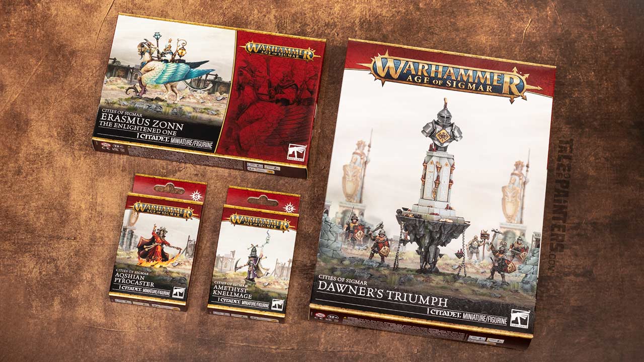 Erasmus Zonn, Aqshian Pyroclast, Amethyst Knellmage, and Dawner's Triumph model kit boxes for the Warhammer Age of Sigmar game, arranged on a brown parchment background