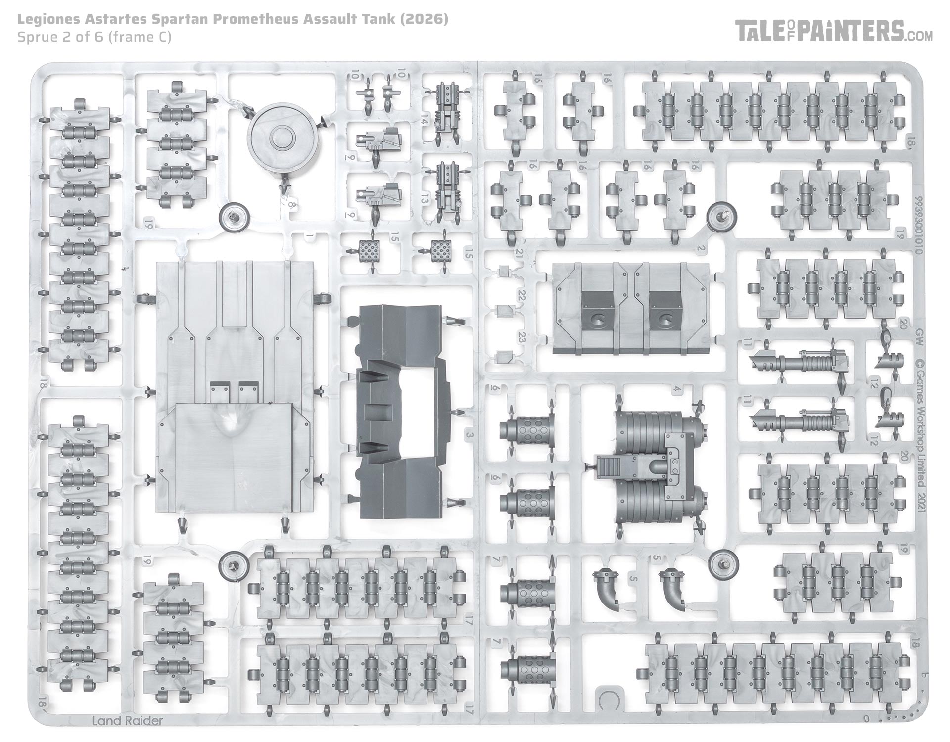 Spartan Prometheus sprue 2 on a white background, a miniature for Warhammer The Horus Heresy