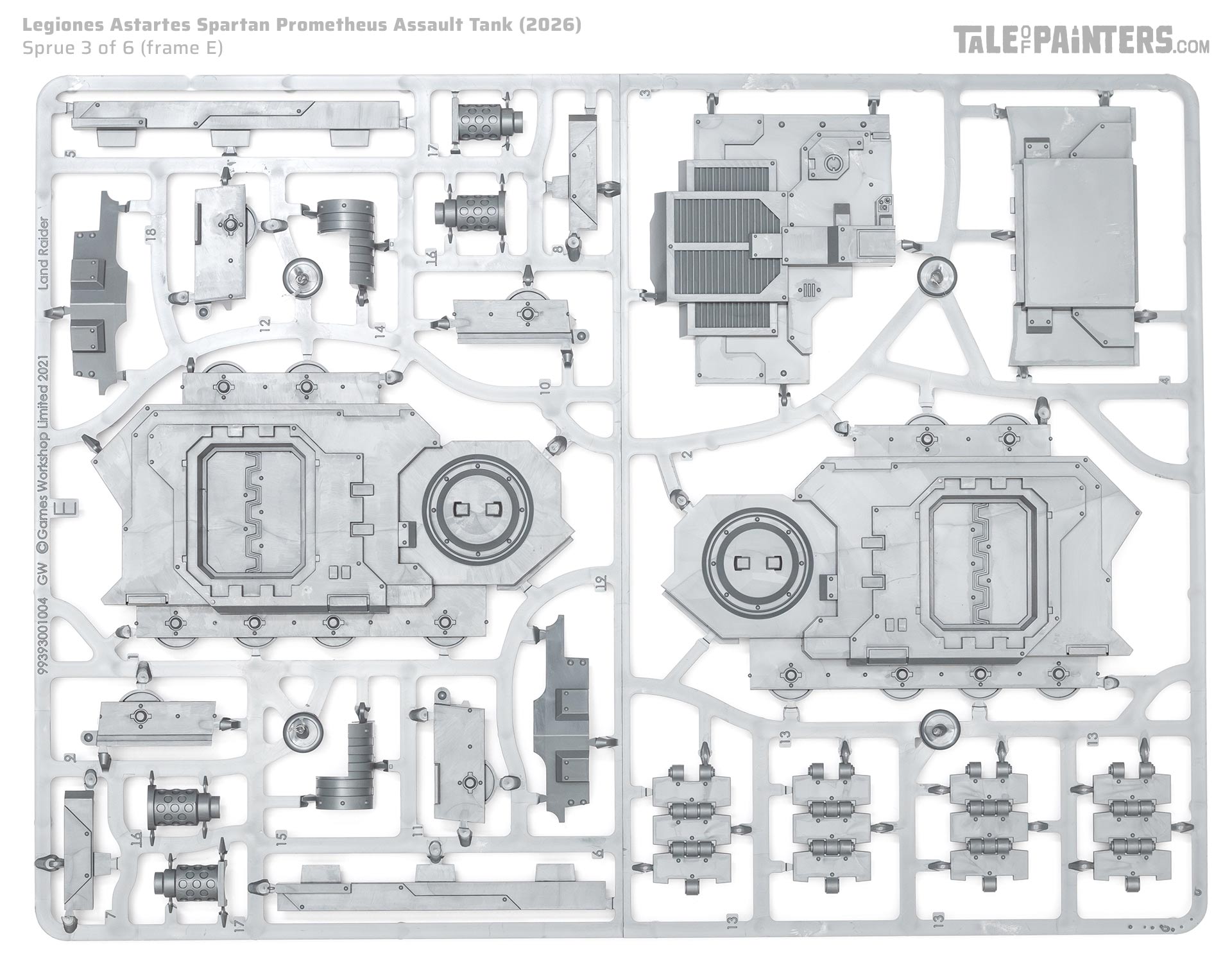 Spartan Prometheus sprue 3 on a white background, a miniature for Warhammer The Horus Heresy