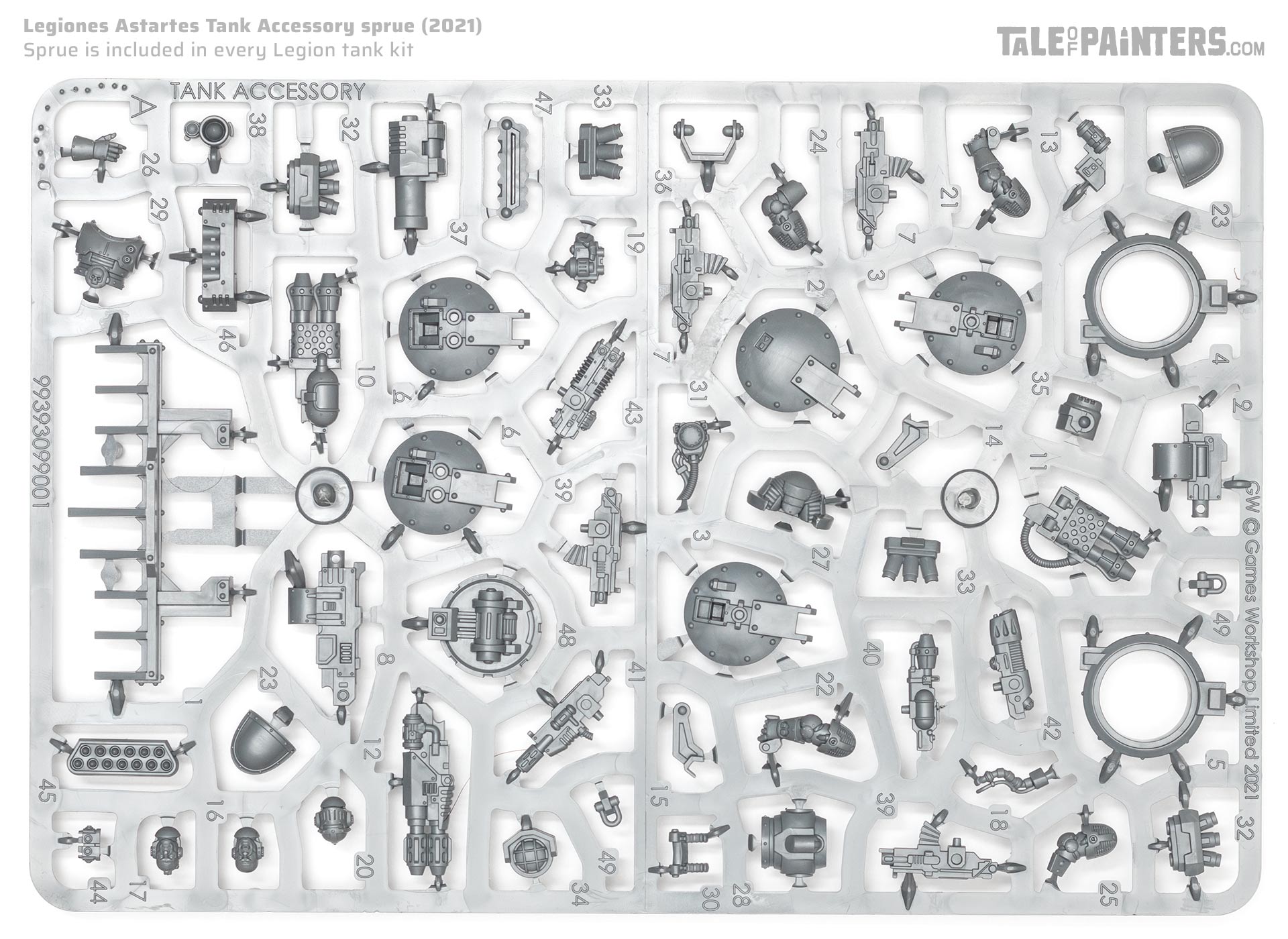 Legiones Astartes tank accessory sprue on a white background, a miniature for Warhammer The Horus Heresy