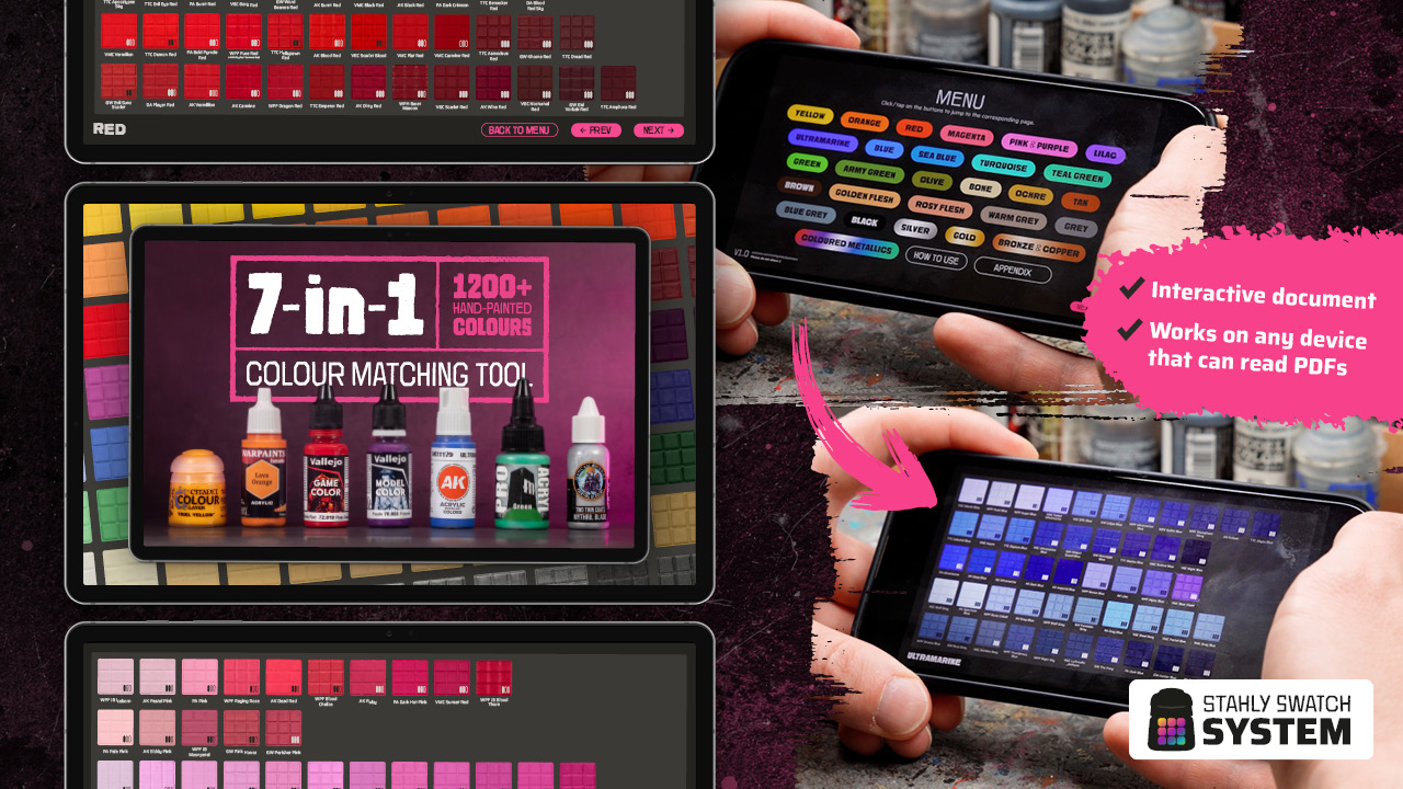 A collage of multiple screens of Stahly's 7-in-1 Colour Matching Tool document, plus close-ups of hand navigating the document on a smartphone, Patreon banner V2.5