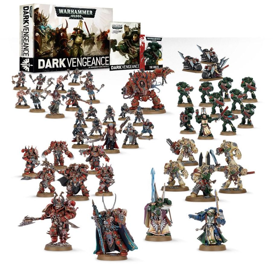 All the Chaos Space Marines and Dark Angels models from Dark Vengeance, plus the Warhammer 40,000 Dark Vengeance box, arranged on a white background