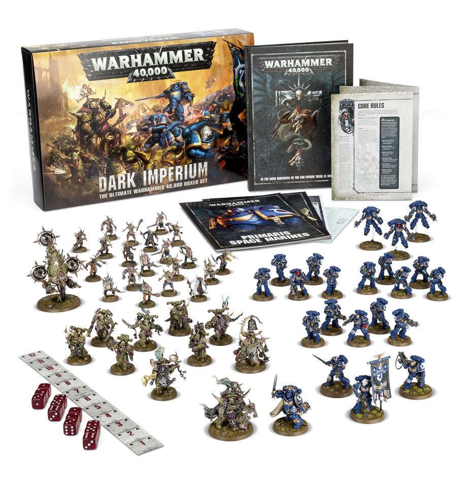 All the Death Guard and Primaris Space Marine models plus the gaming components from Warhammer 40,000 Dark Imperium box, arranged on a white background