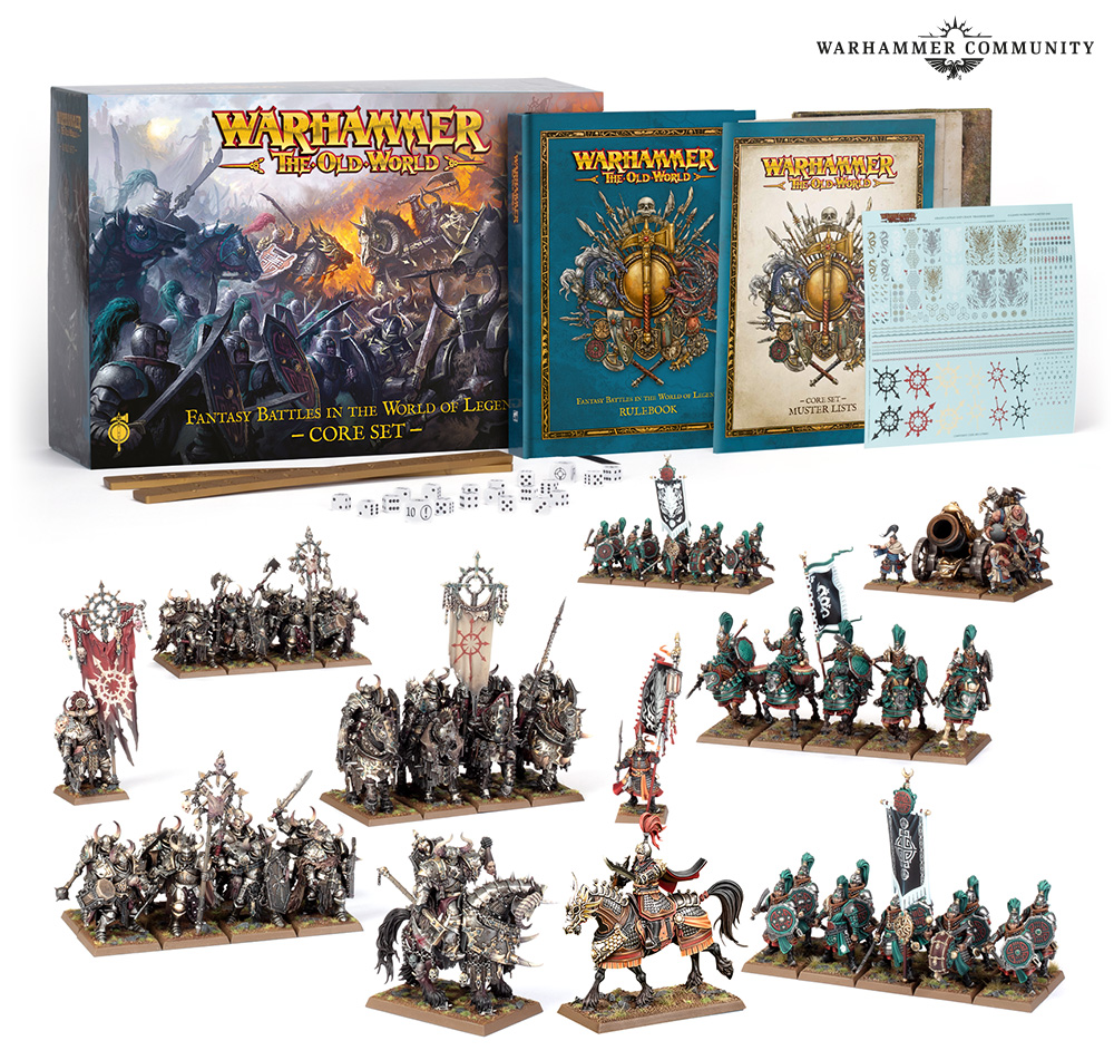 Promo shot of the contents of the 2026 Warhammer: The Old World Core Set. All 22 Warriors of Chaos and 32 Grand Cathay miniatures plus the books and gaming components arranged on a white background.
