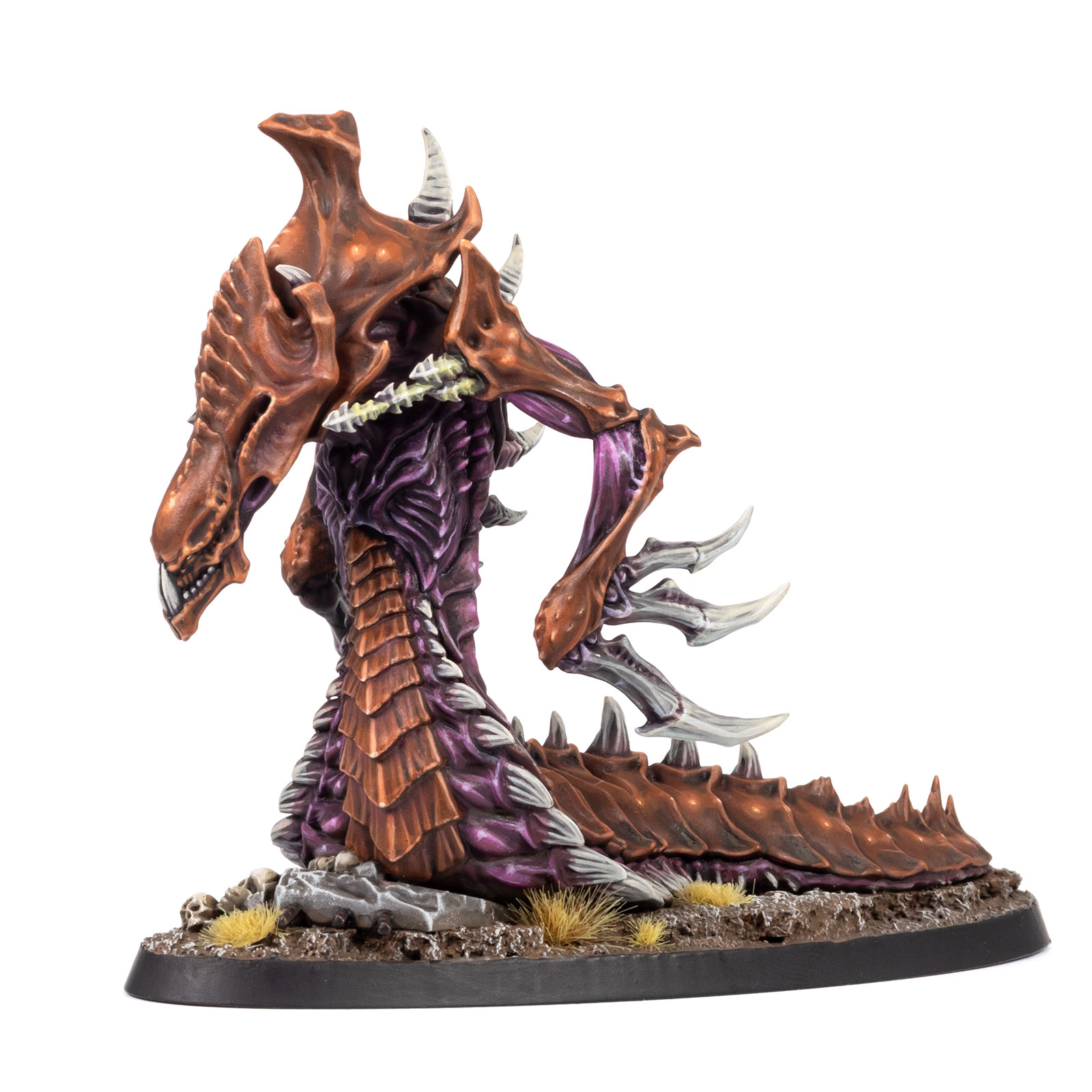 Front right angle view of a Zerg Hydralisk model from StarCraft: Tabletop Miniatures Game, painted in a moody brown and purple paint scheme by whiskerspaints, white background