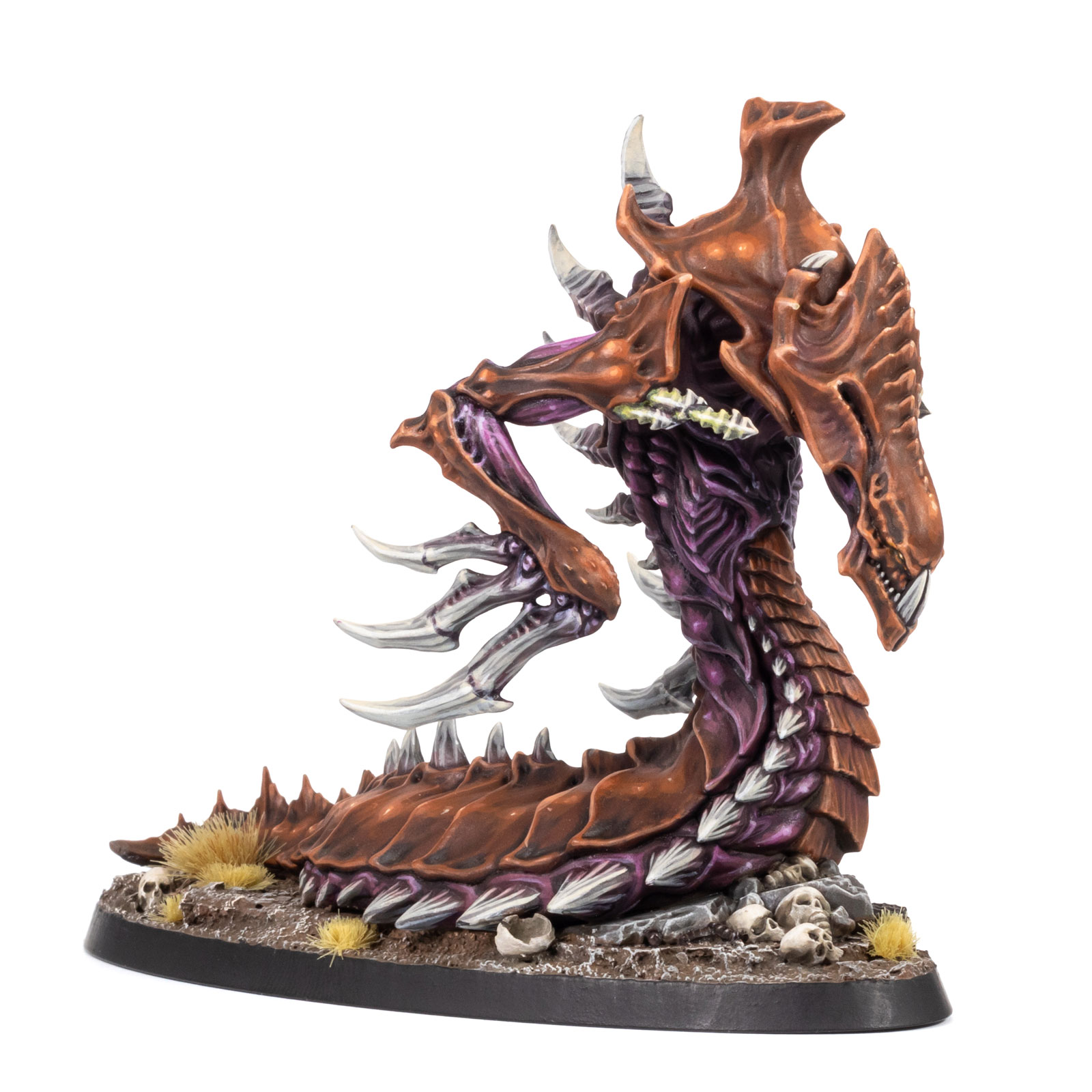 Front left angle view of a Zerg Hydralisk model from StarCraft: Tabletop Miniatures Game, painted in a moody brown and purple paint scheme by whiskerspaints, white background