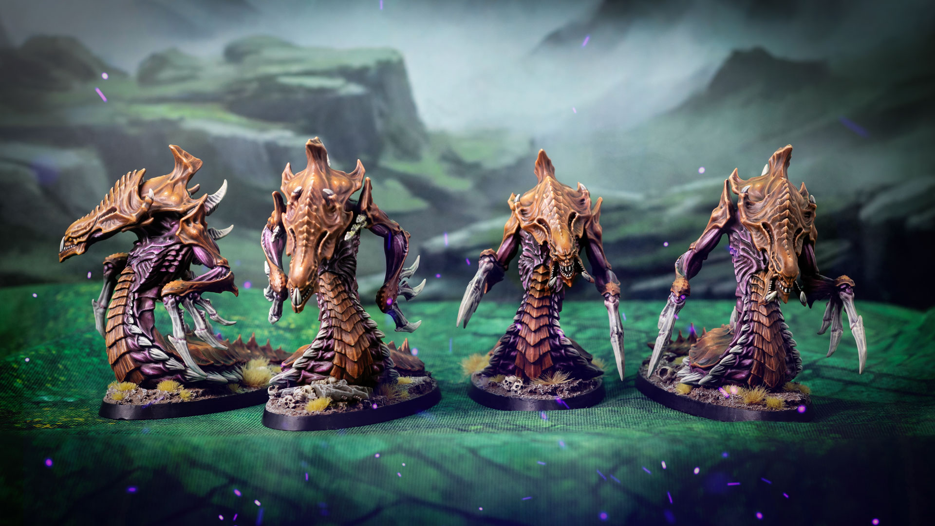 Cinematic edit of gour Zerg Hydralisk models from StarCraft: Tabletop Miniatures Game, on a green Lost Temple battle mat and background