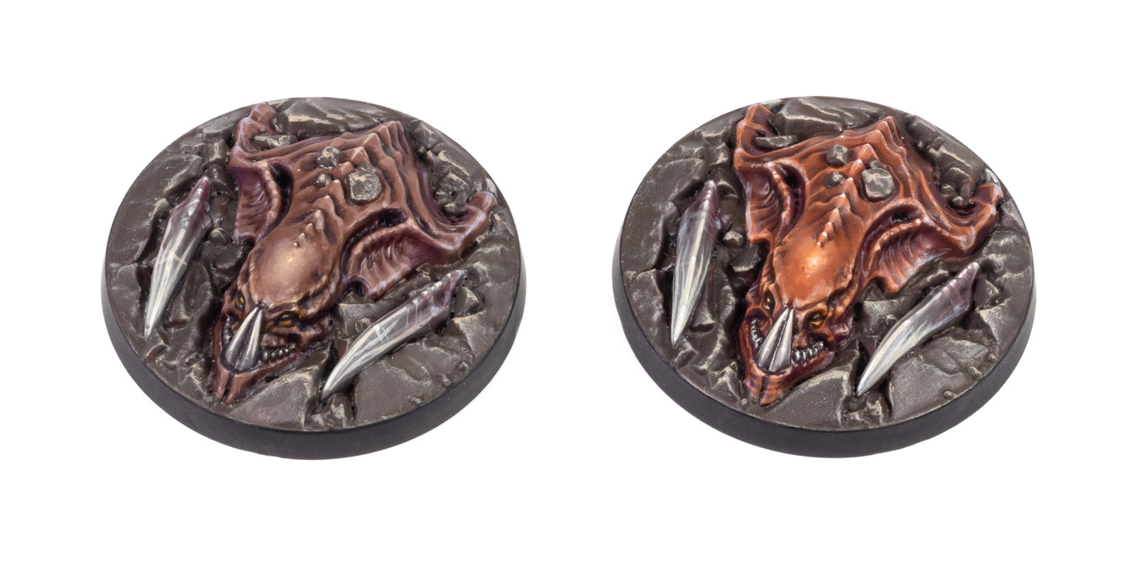 High angle view of two Hydralisk Burrow tokens from StarCraft: Tabletop Miniatures Game, painted in a moody brown and purple paint scheme by whiskerspaints, white background