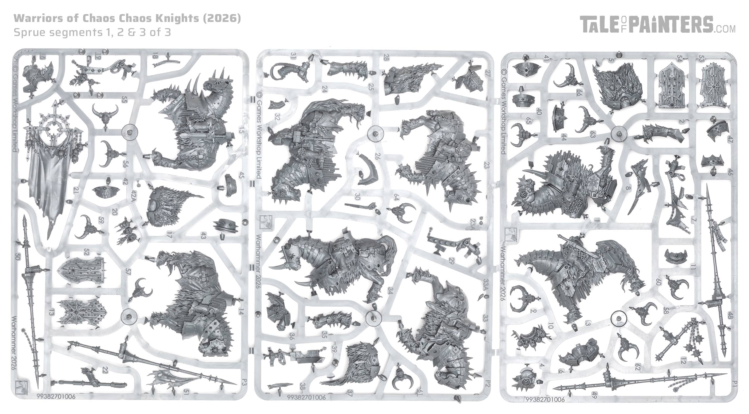 2026 Chaos Knights sprues on a white background, miniatures for Warhammer: The Old World